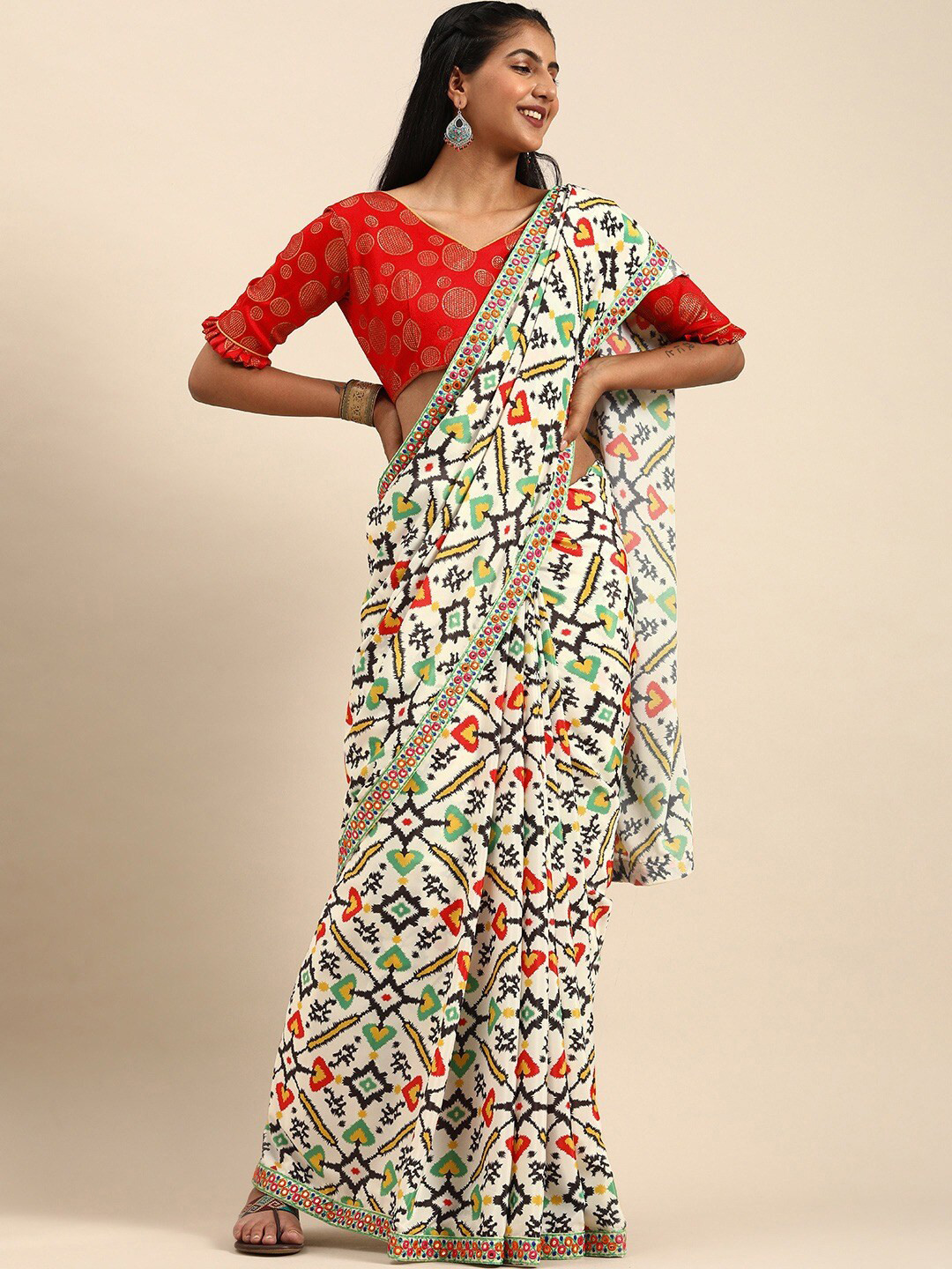 Sangria Women Off White Printed Sarees