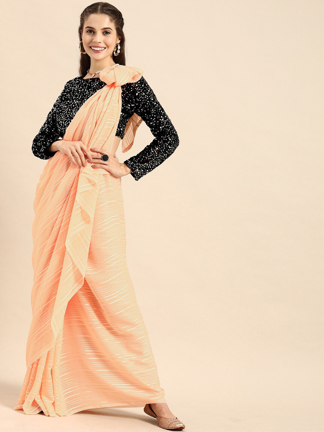 Sangria Women Peach Striped Sarees