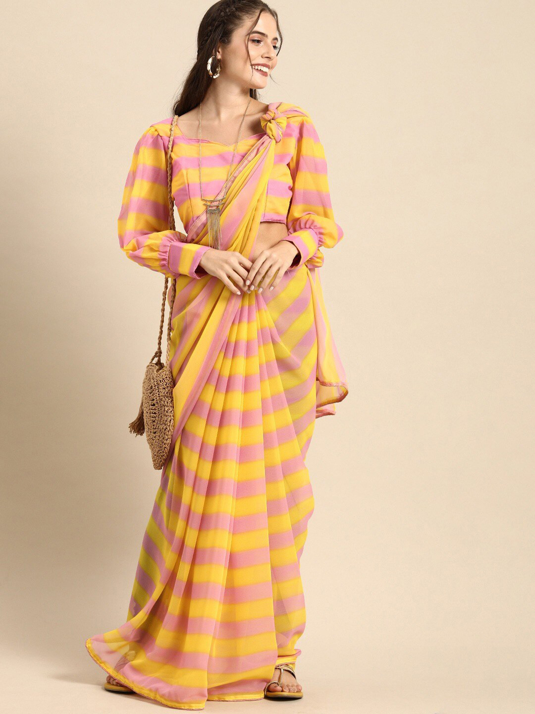 Sangria Orange & Pink Striped Pure Georgette Saree
