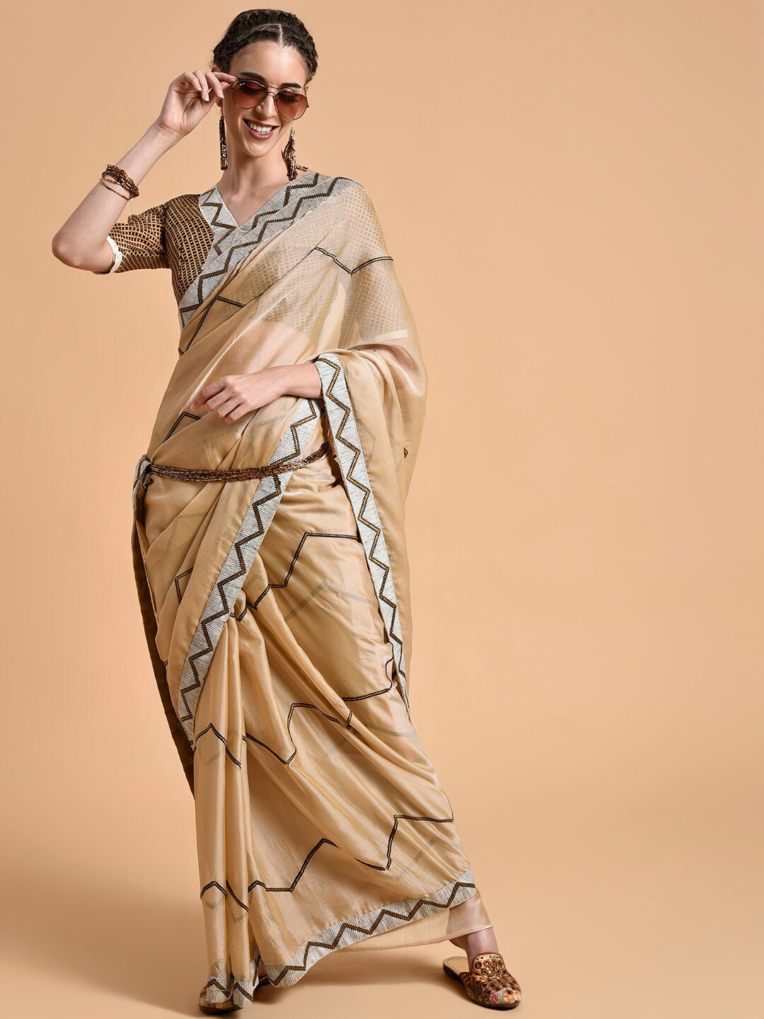 Sangria Cream-Coloured & Brown Striped Embroidered Pure Chiffon Saree