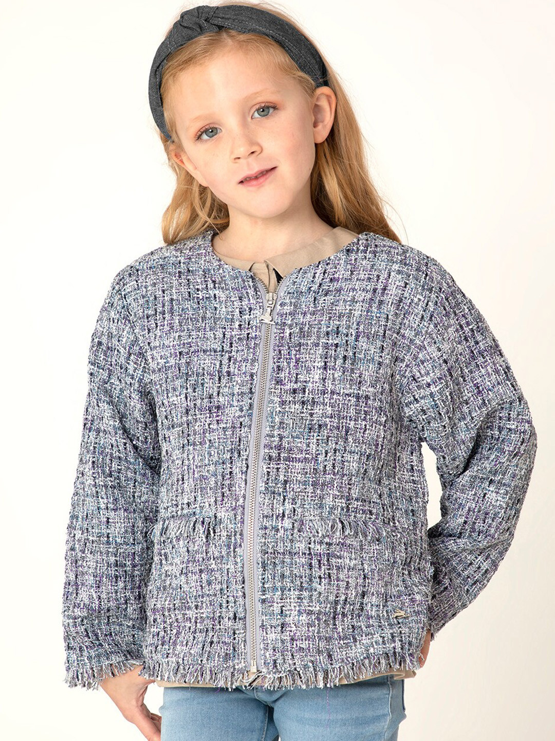 Cherry Crumble Girls Purple Grey Tweed Self Design Party Jacket