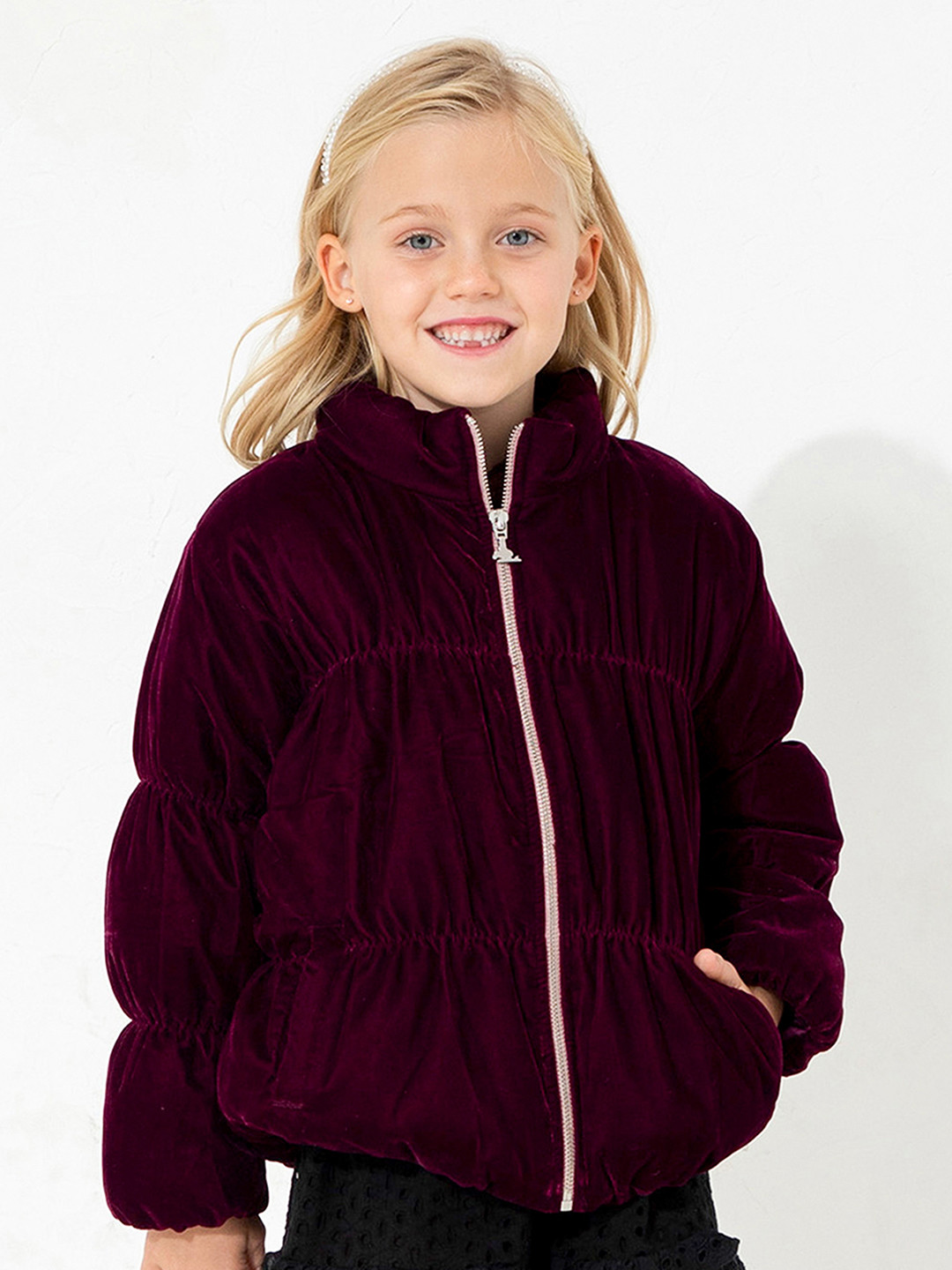Cherry Crumble Girls Wine Polyester Full Sleeve Gathering Vineyard Puffer Jacket