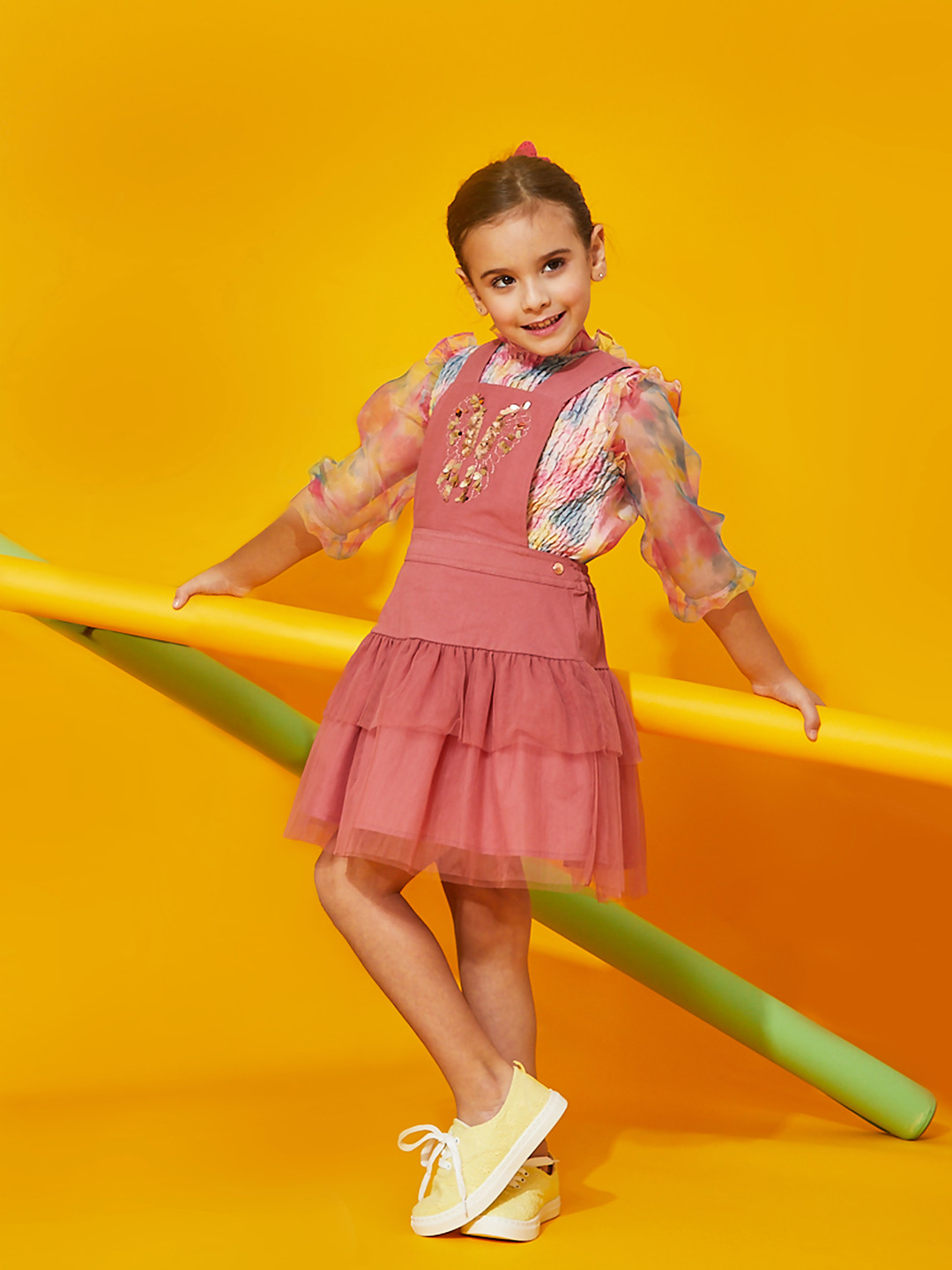 Cherry Crumble Pink Cotton Blend Sleeveless Solid Sequine Work Butterfly Dungaree Dress