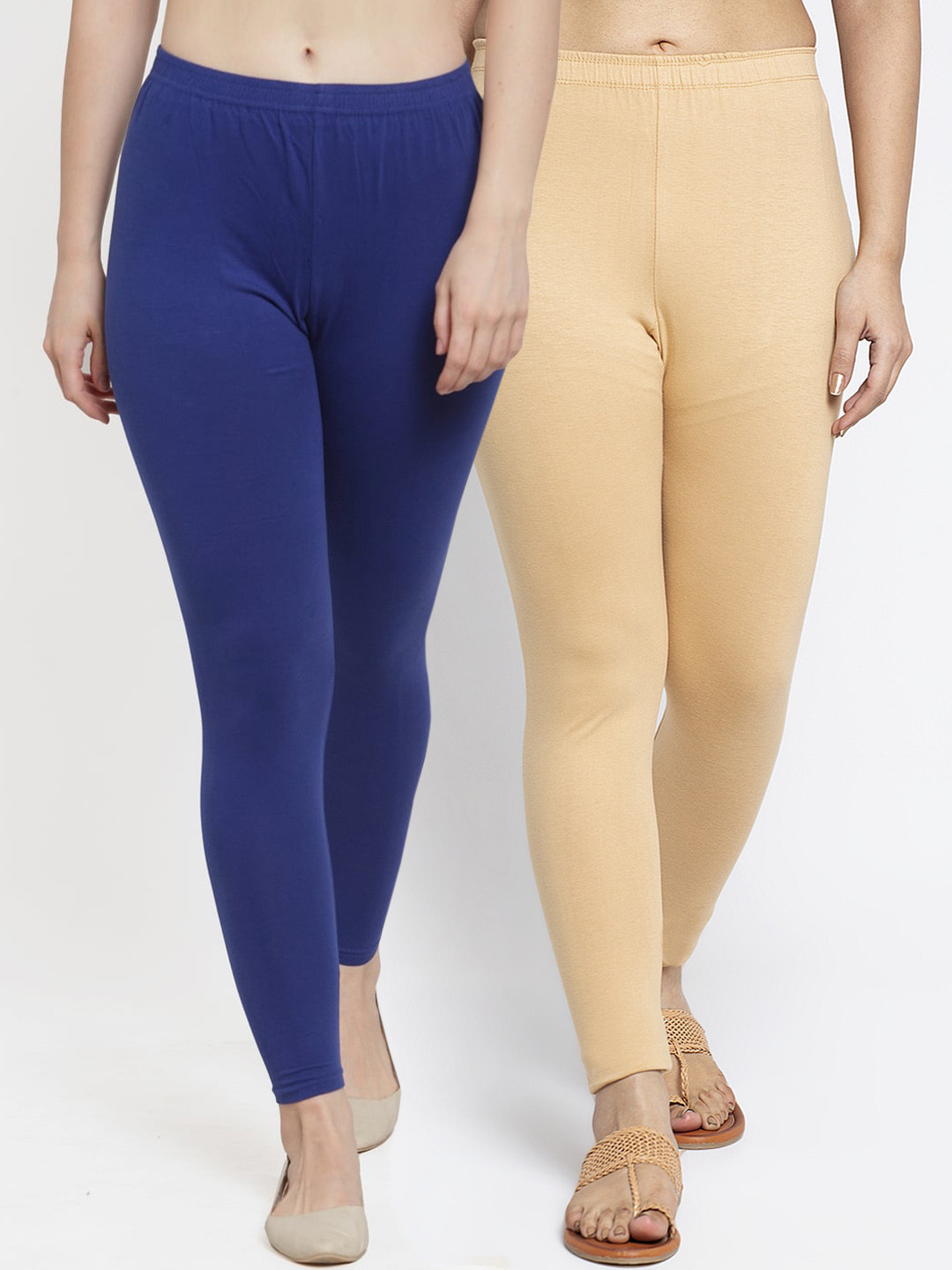 Jinfo Women Pack Of 2 Blue and Beige Solid Ankle Length Leggings