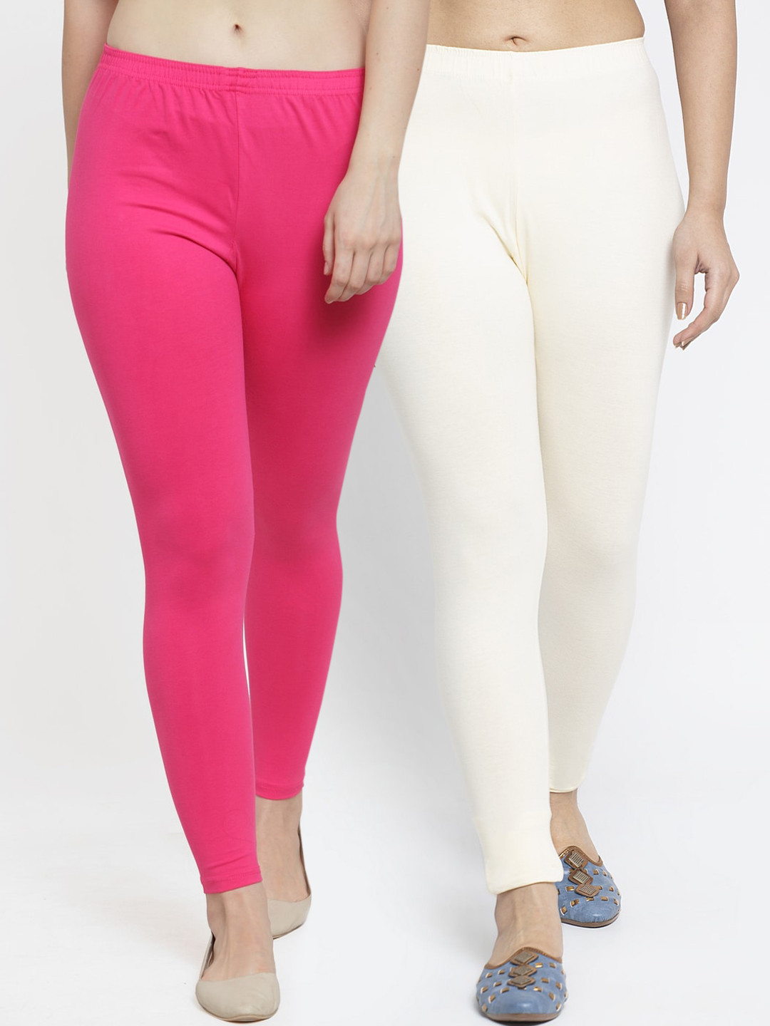 Jinfo Women Pack of 2 Pink, Off White Solid Ankle Length Leggings