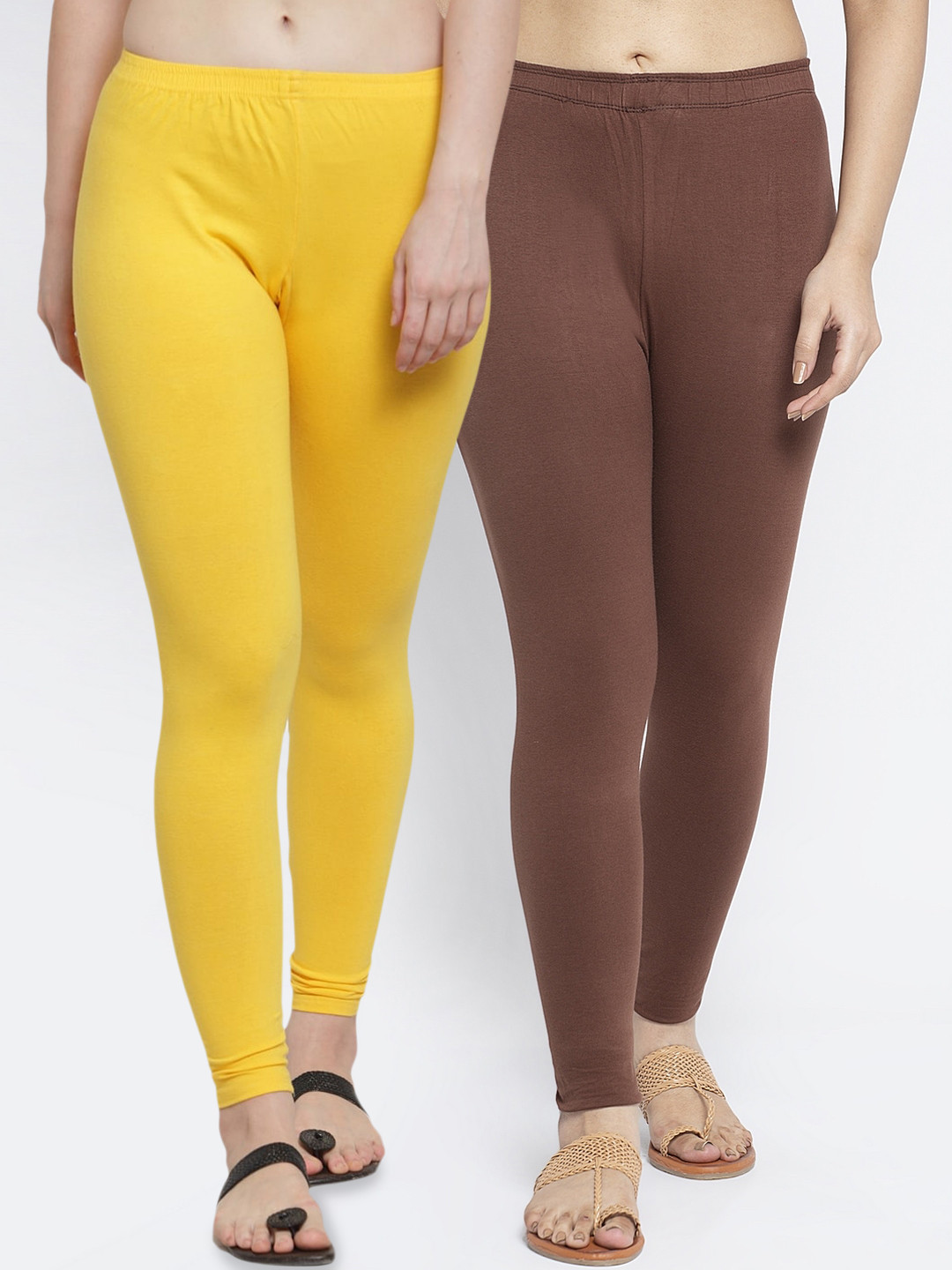 Jinfo Women Pack Of 2 Yellow and Brown Solid Ankle Length Leggings