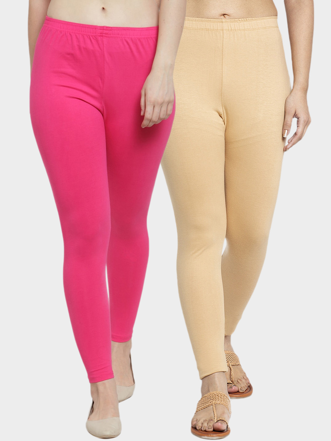 Jinfo Women Pack Of 2 Pink & Nude Coloured Solid Ankle-Length Leggings