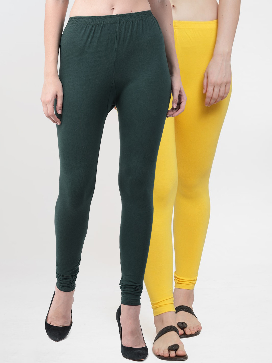 Jinfo Women Pack of 2 Solid Yellow, Bottle Green Ankle-Length Leggings