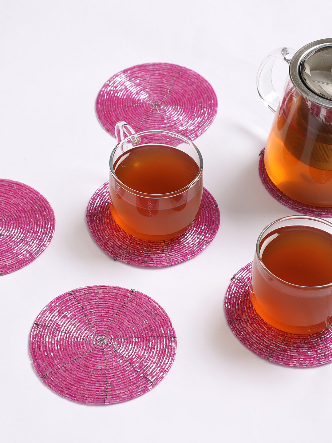 Jamio Firati Set Of 6 Pink Beaded Dining Table Coasters