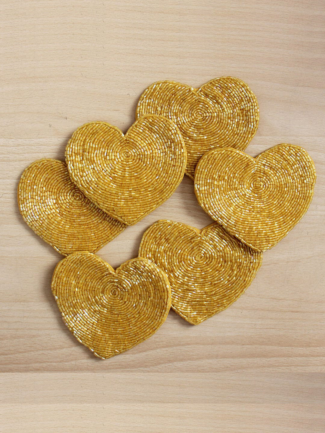 Jamio Firati Set of 6  Yellow Solid Beaded Heart Coasters