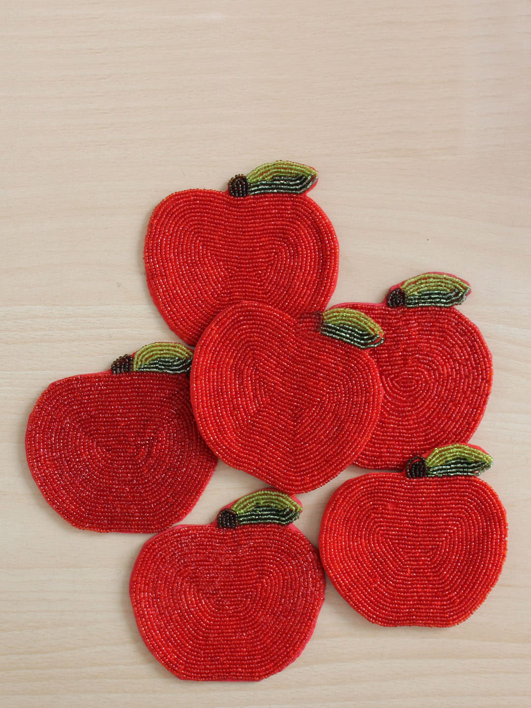 Jamio Firati Set Of 6 Red Apple Shaped Cotton & Beads Coasters