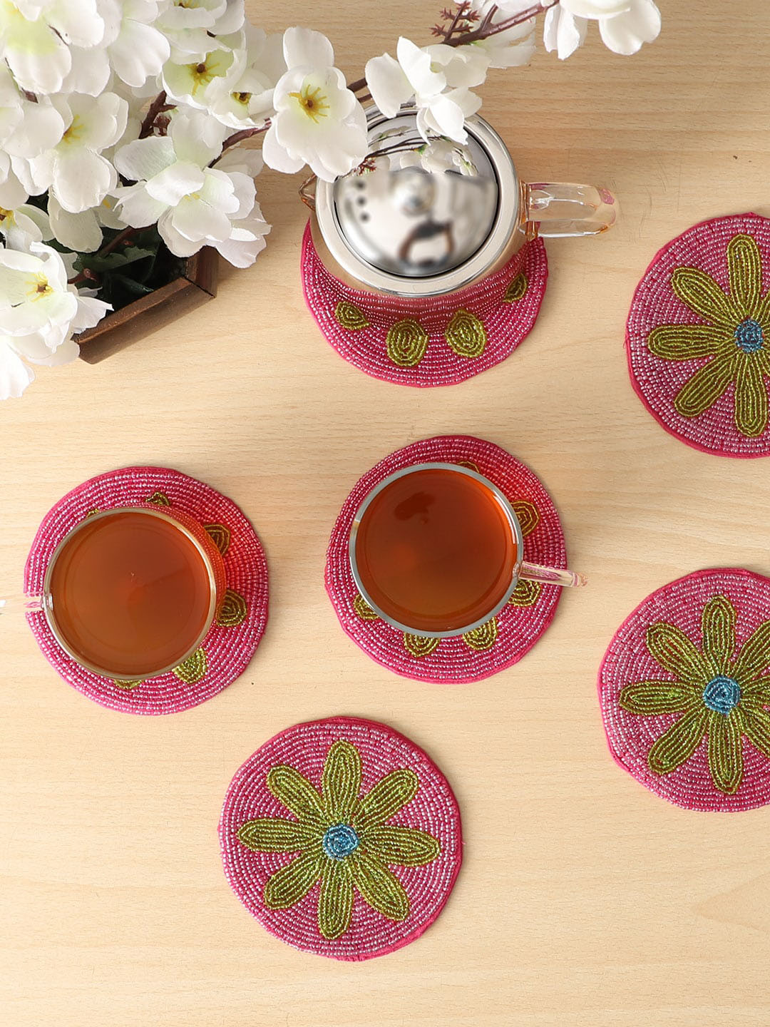 Jamio Firati Set Of 6 Pink Printed Beads Coasters