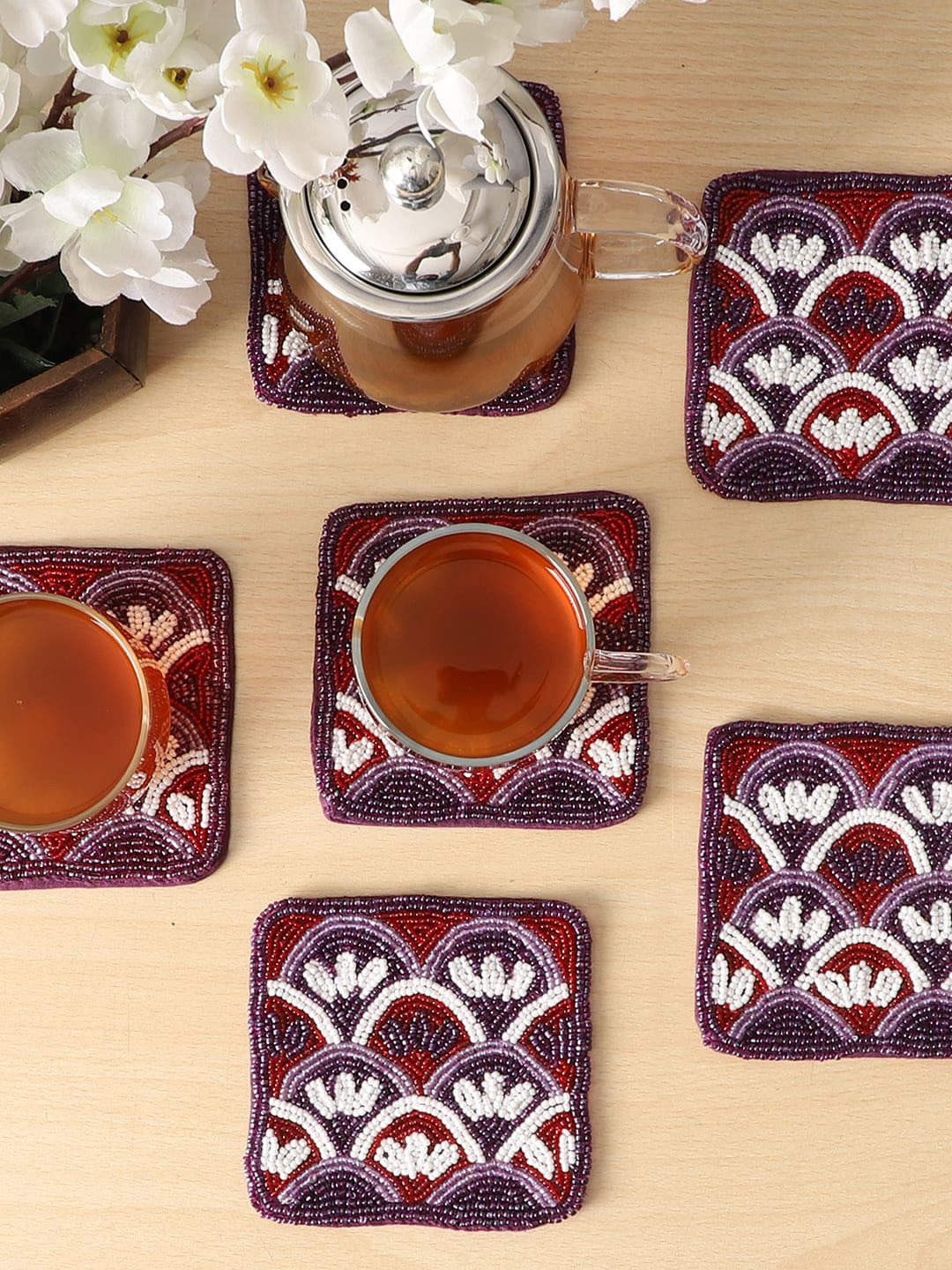 Jamio Firati Set of 6 Purple & White Embroidered Coasters