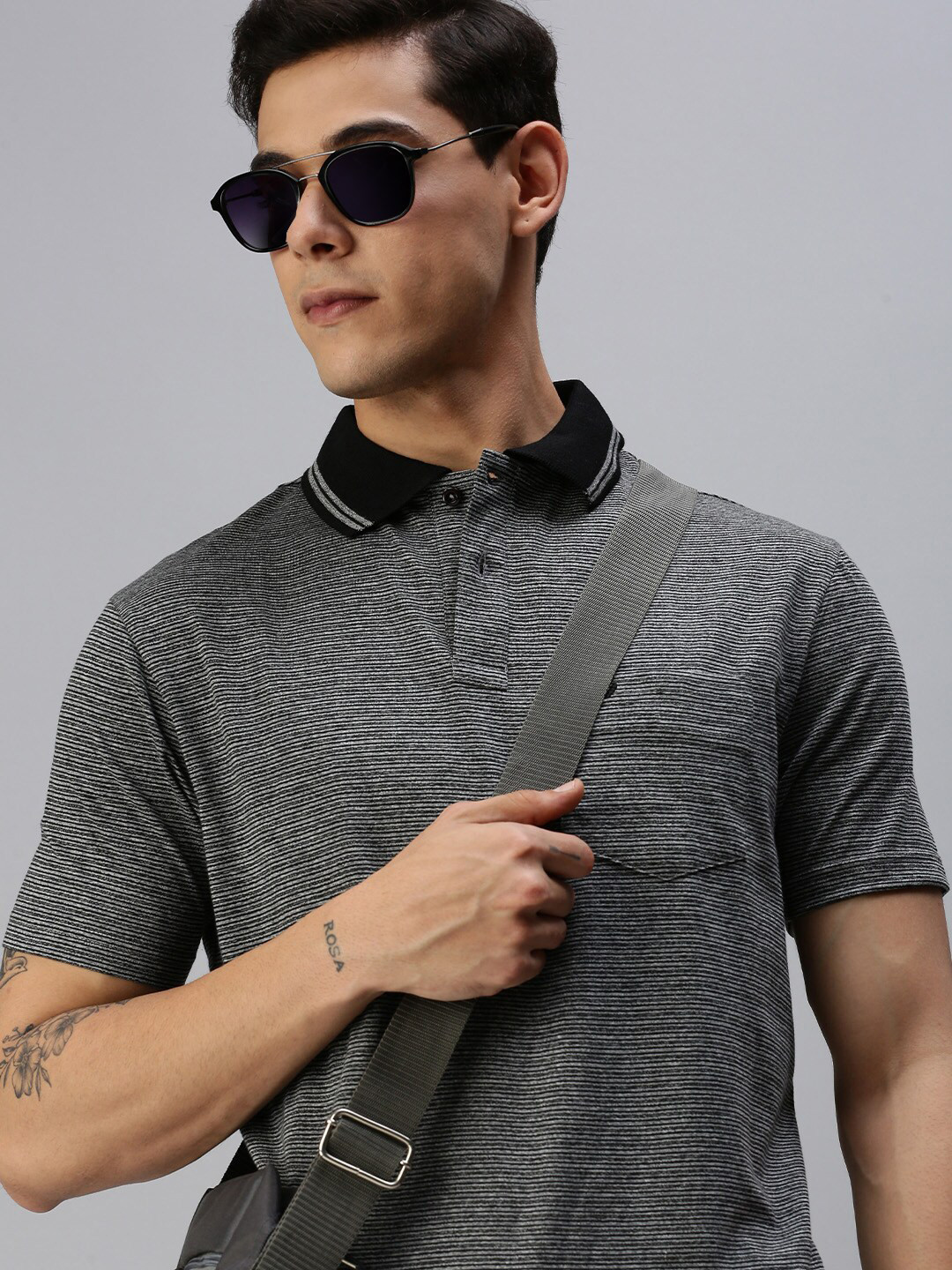 ONN Men Black Striped Polo Collar T-shirt