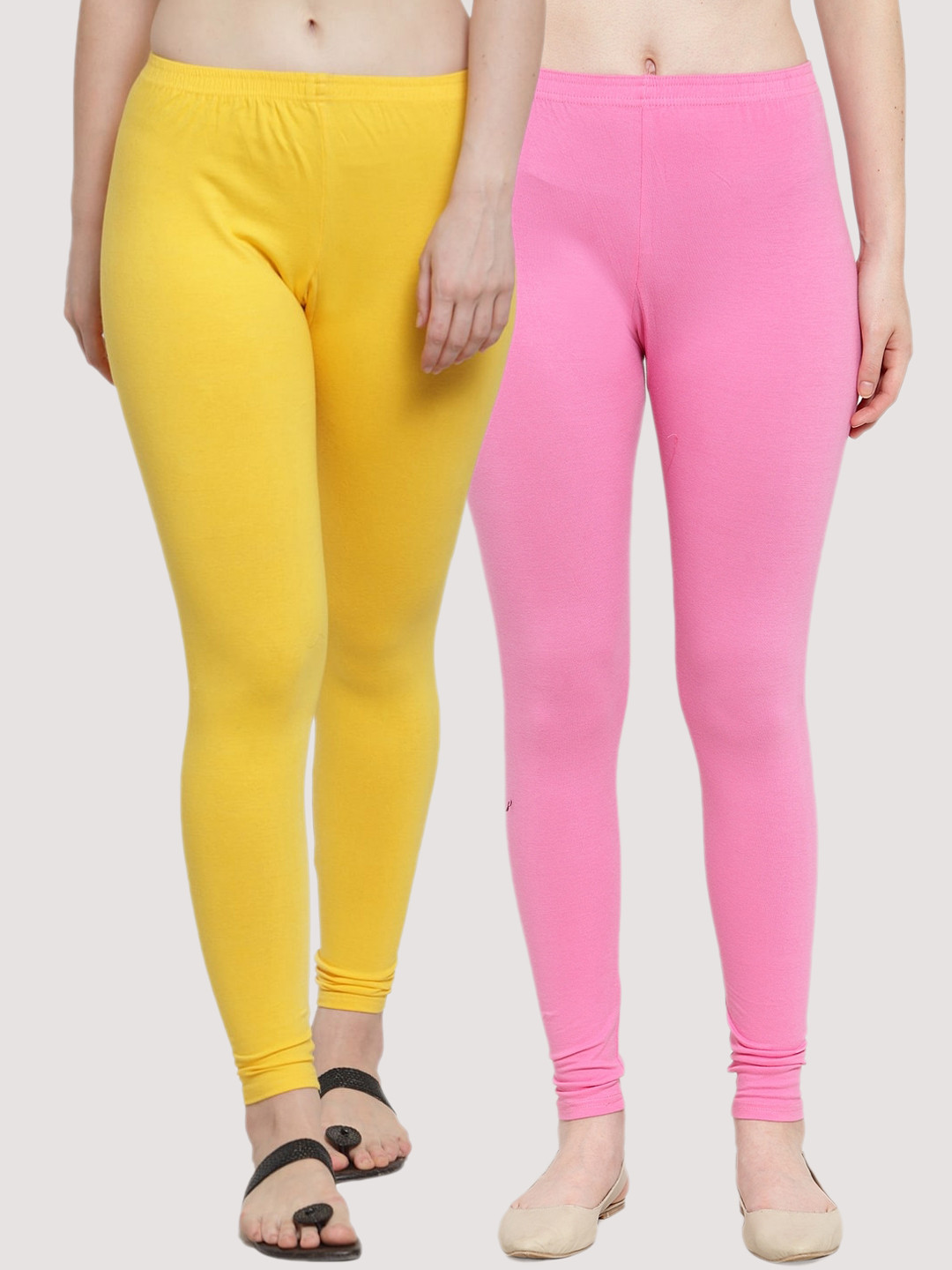 GRACIT Women Pack Of 2 Solid yellow and light pink Churidar Length leggings