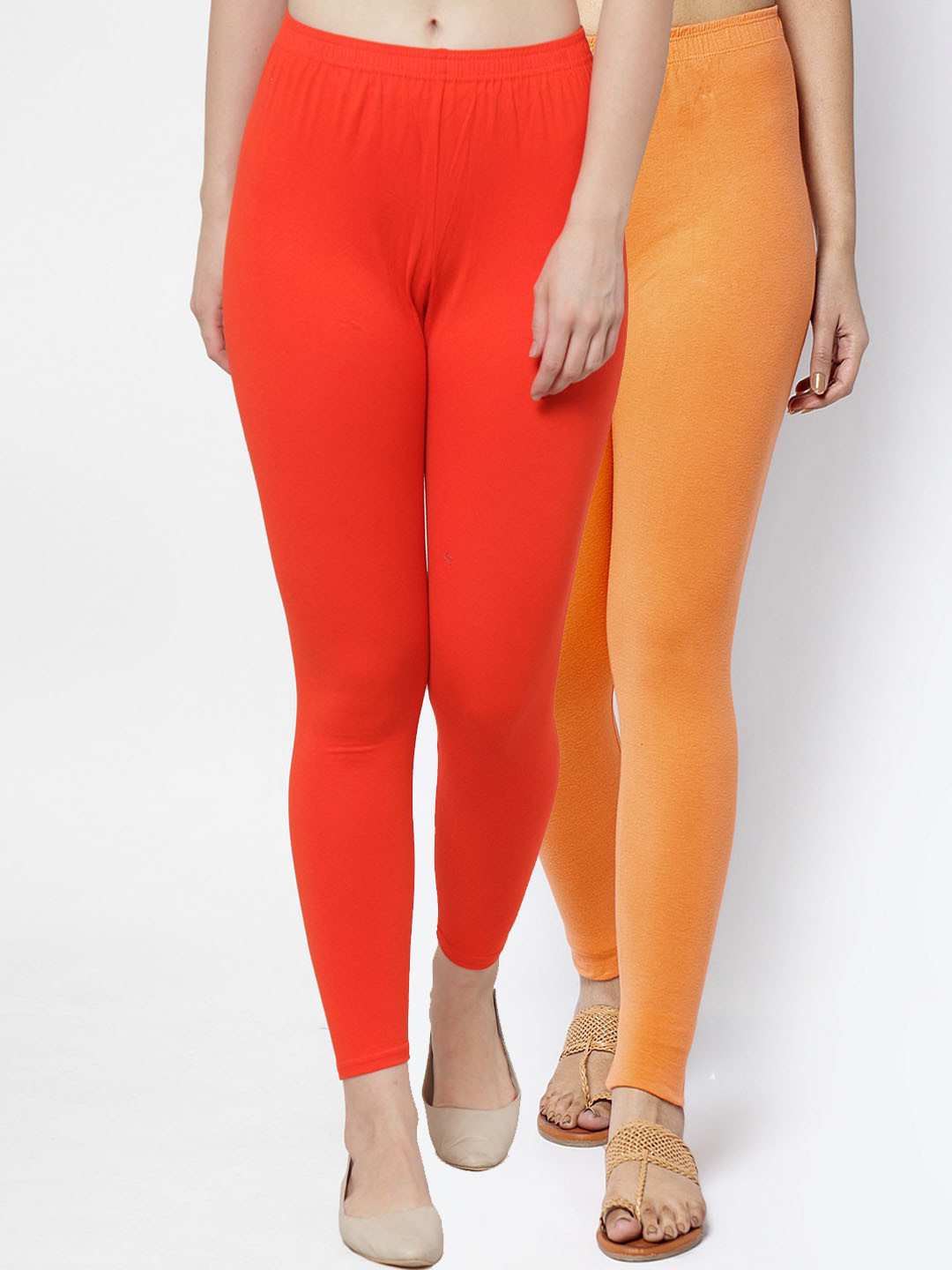 GRACIT Women Pack of 2 Solid Dark and Light Orange Ankle-Length Leggings