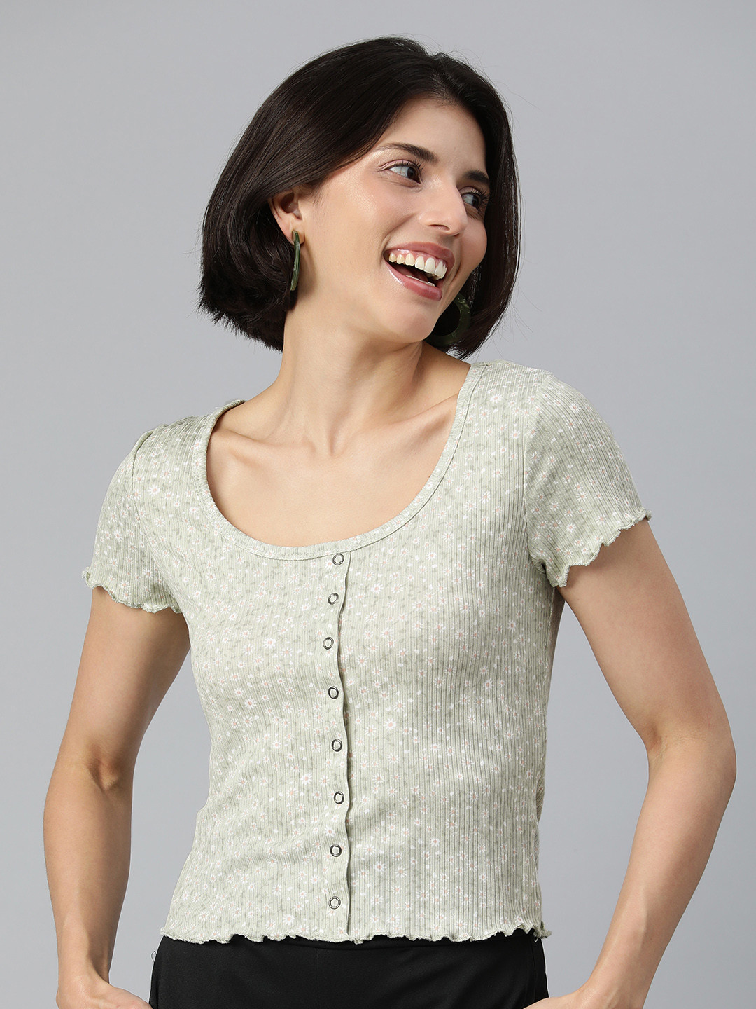 London Rag Green & White Floral Print Top