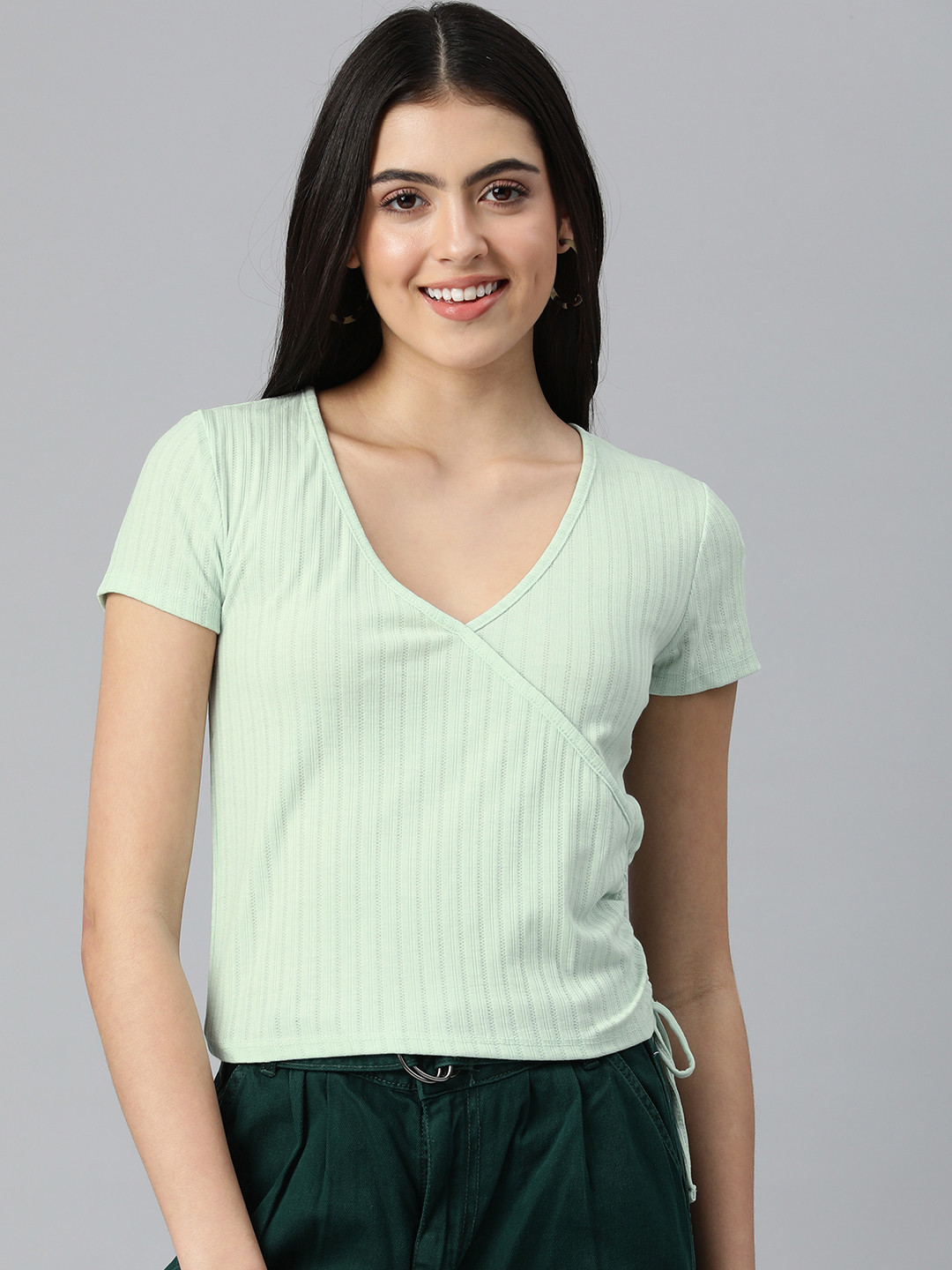 London Rag Green Solid Ruched Top