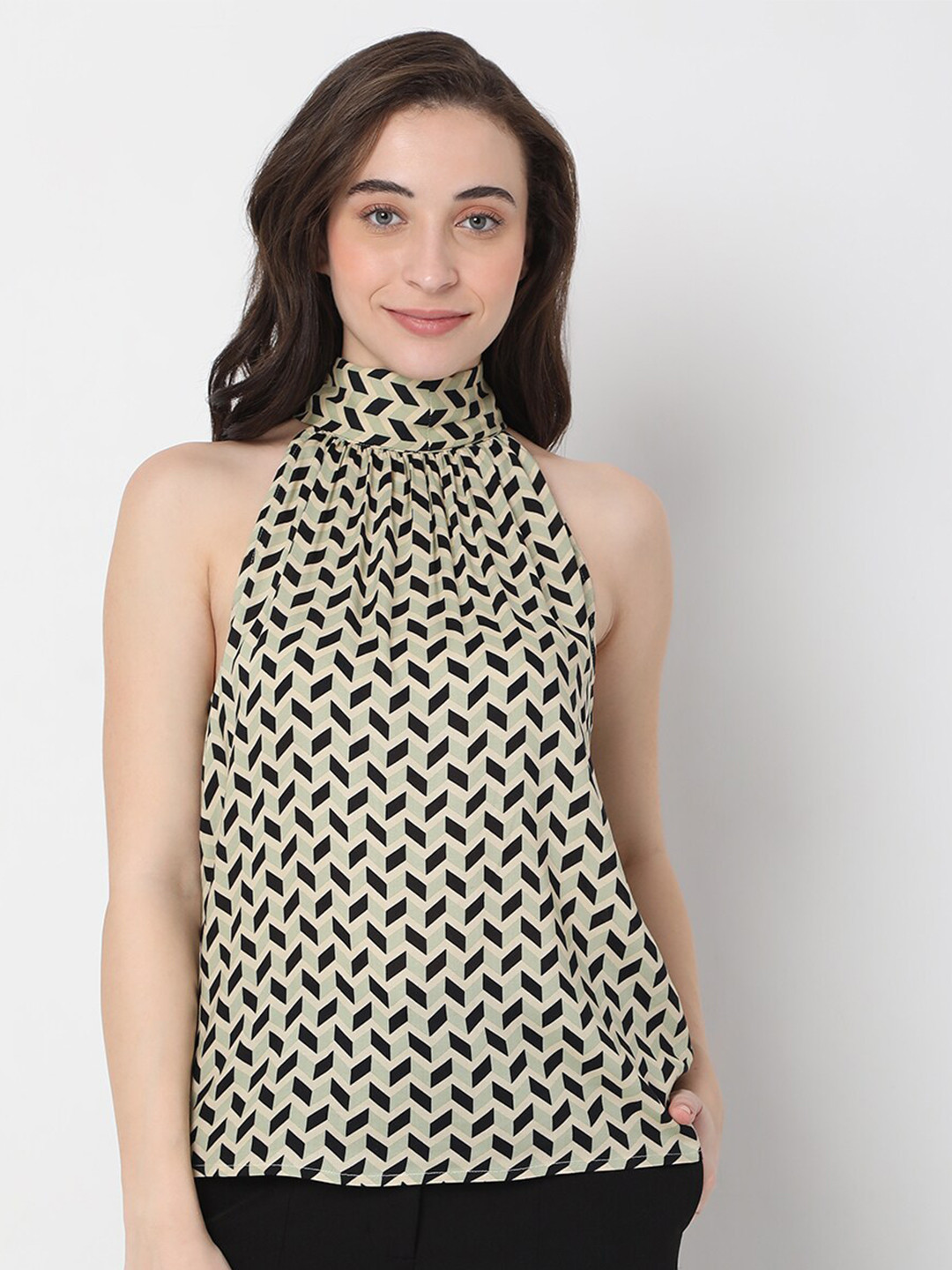 Vero Moda Beige & Black Geometric Print Choker Neck Top