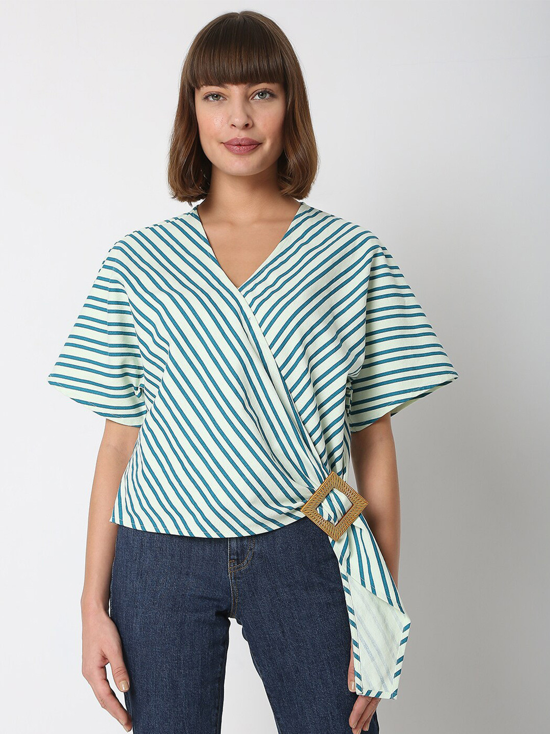 Vero Moda Blue Striped Wrap Top