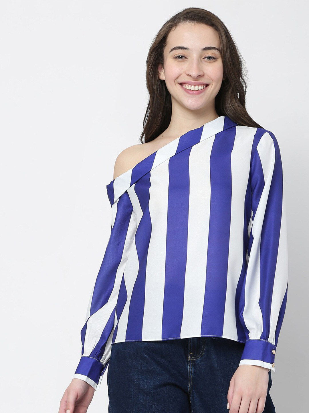 Vero Moda Blue Striped One Shoulder Top