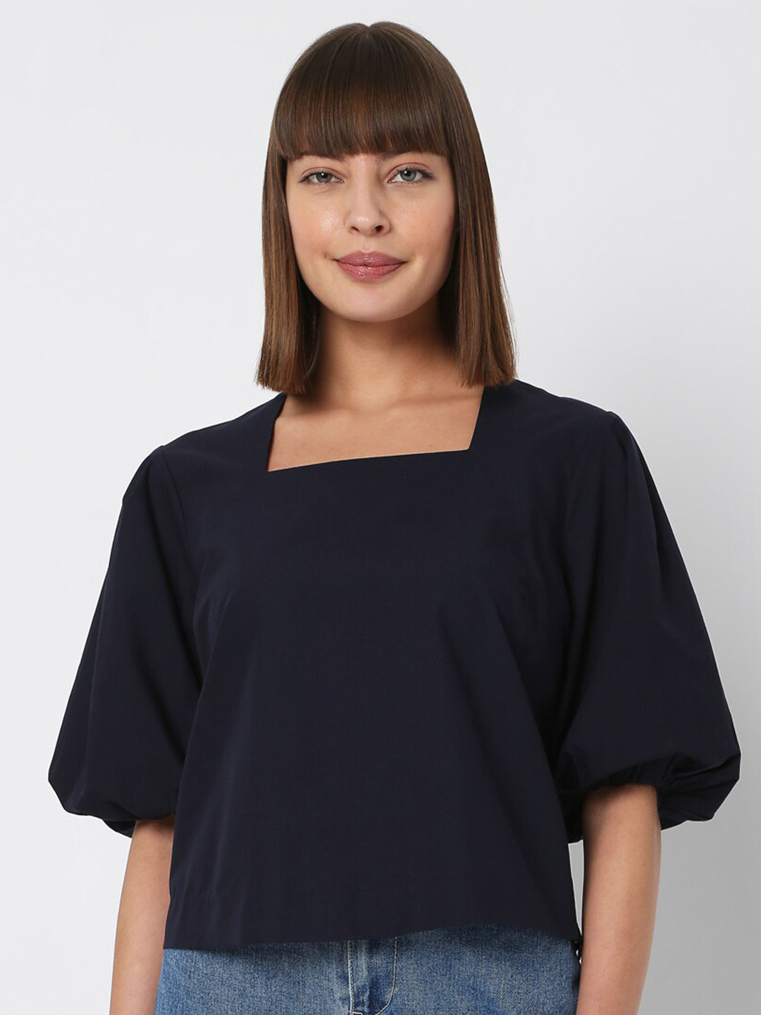 Vero Moda Women Navy Blue Puff Sleeves Top