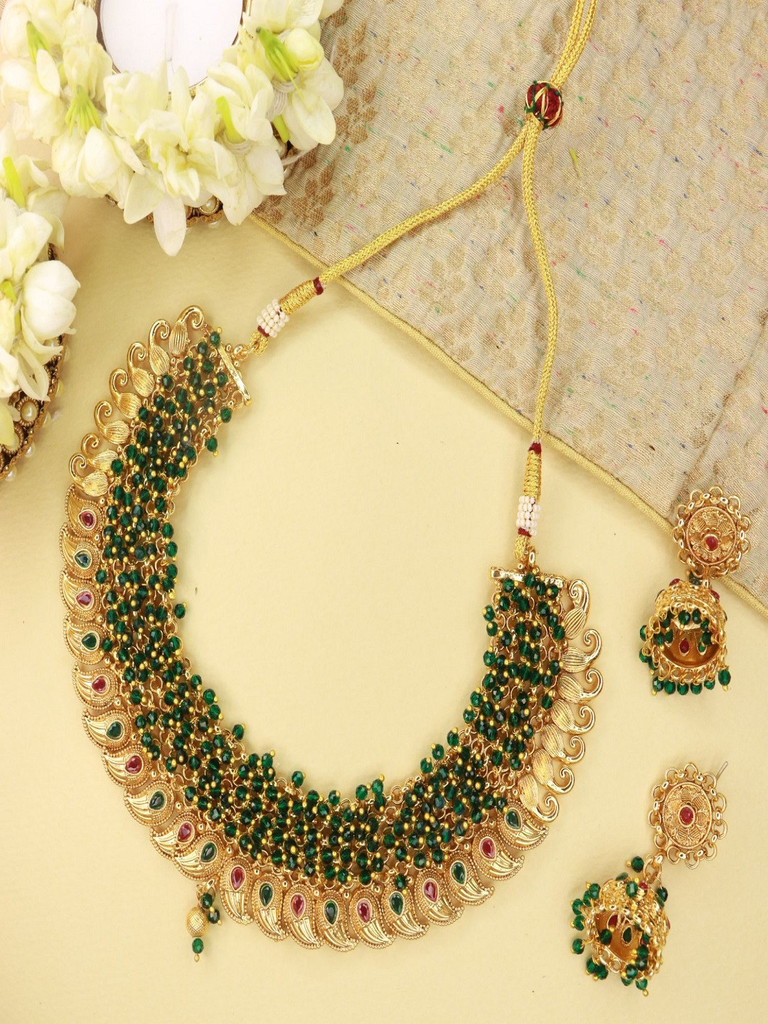 I Jewels Gold-Plated Green Beaded Choker Jewellery Set