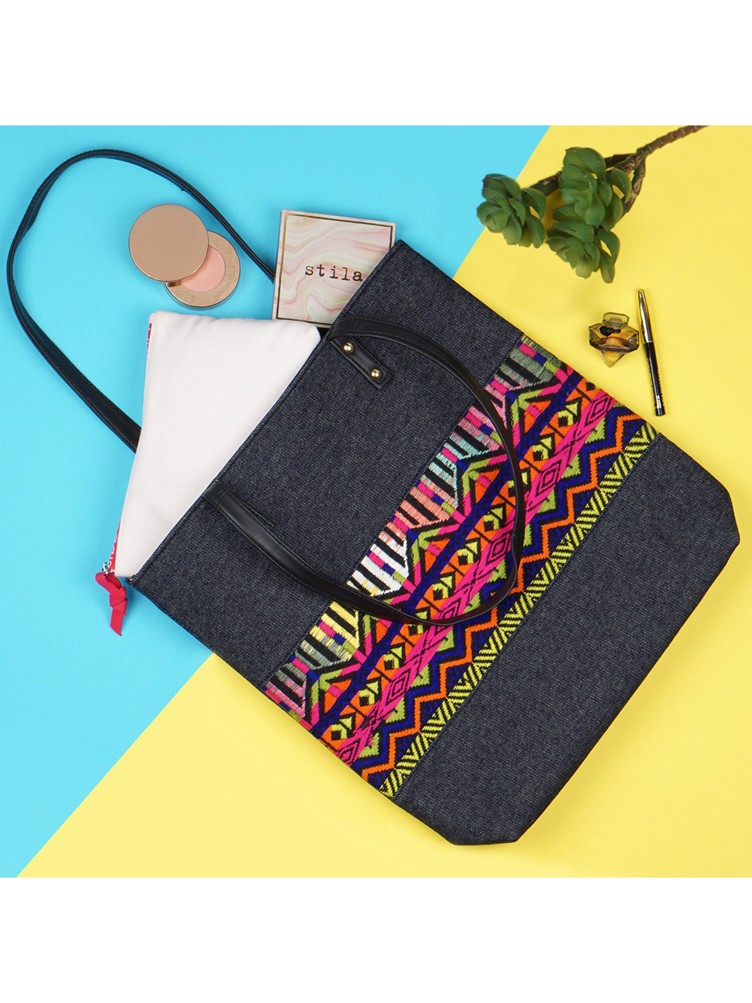 Kanvas Katha Blue Geometric Structured Tote Bag