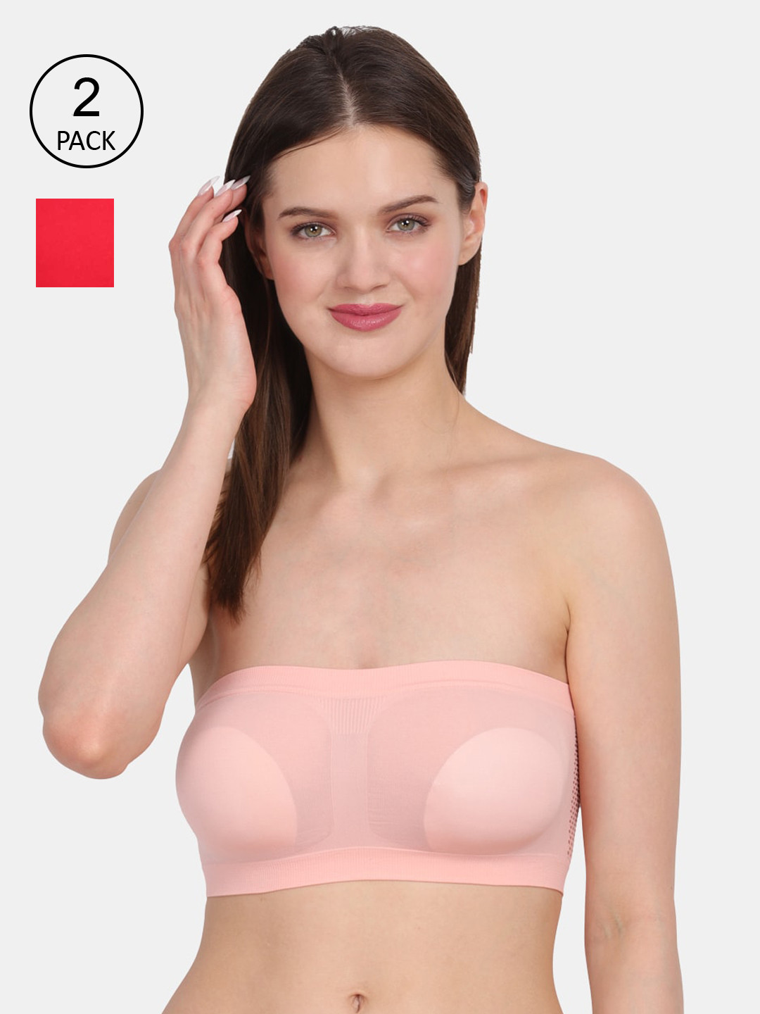 Amour Secret Peach-Coloured & Red Bandeau NON-padded/tube Bra pack of 2
