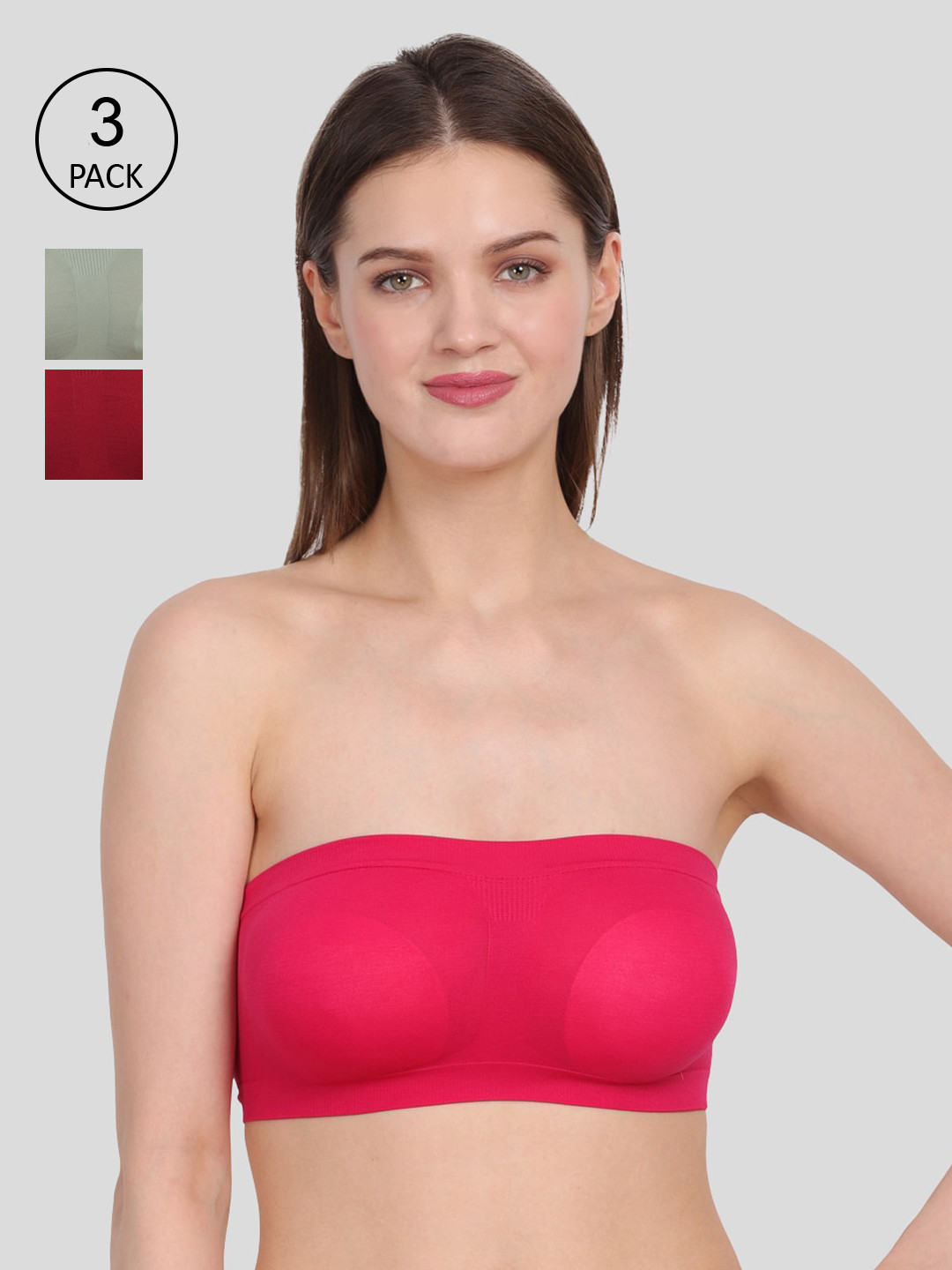 Amour Secret Pack of 3 Pink & Green Non Padded & Non Wired Bandeau Bra
