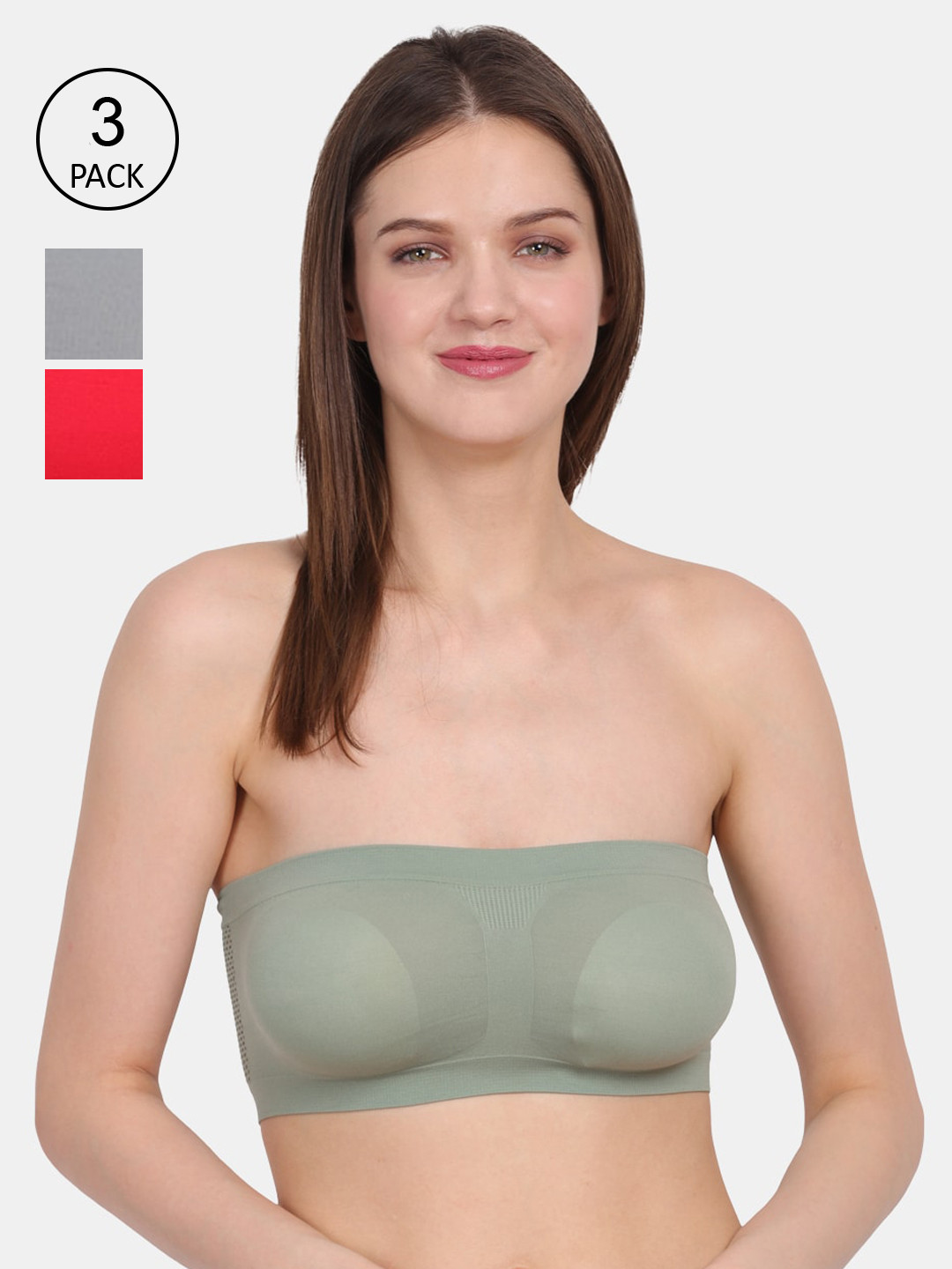 Amour Secret Pack of 3 Green & Grey Non-Padded  Bandeau Bra TB022_Grn_Gry_Red