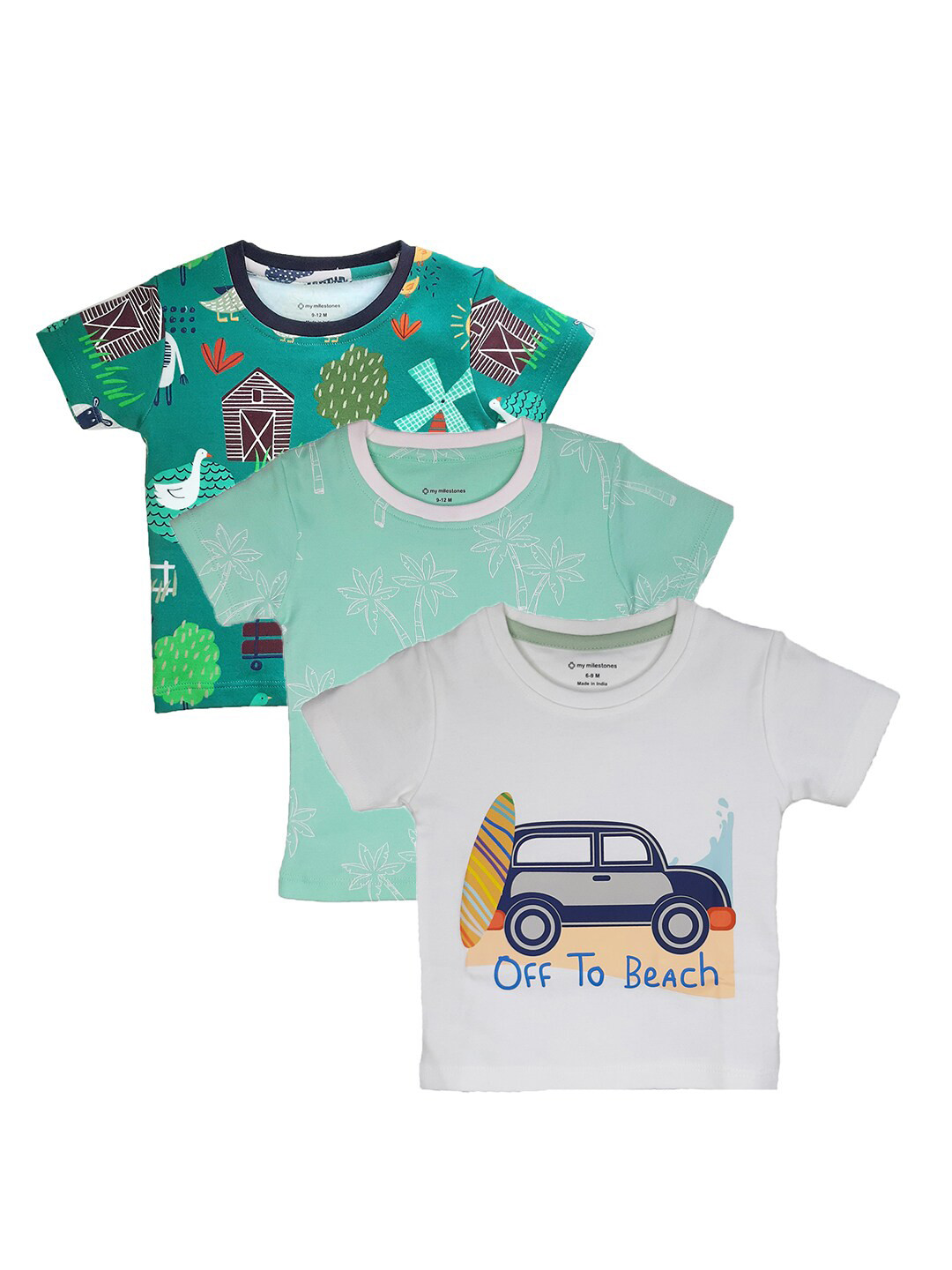 My Milestones Boys Pure Cotton Sea Green & White Set of 3 Printed T-shirts