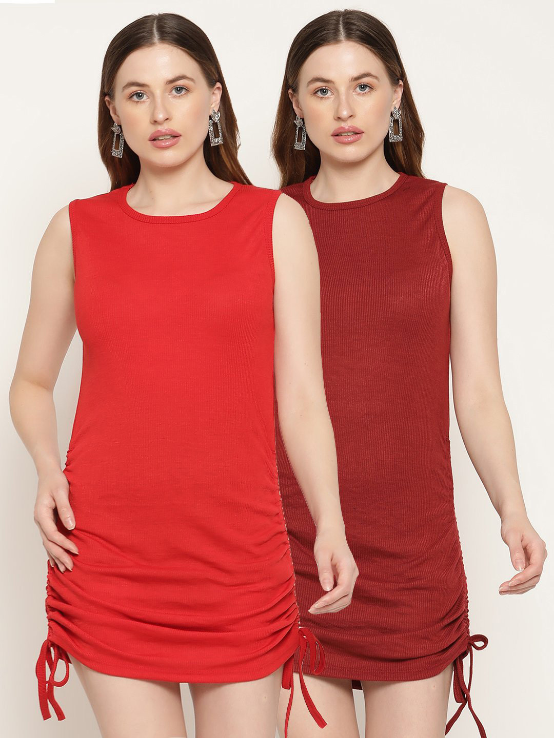 Miaz Lifestyle Set Of 2 Red & Maroon Scuba Sheath Mini Dress