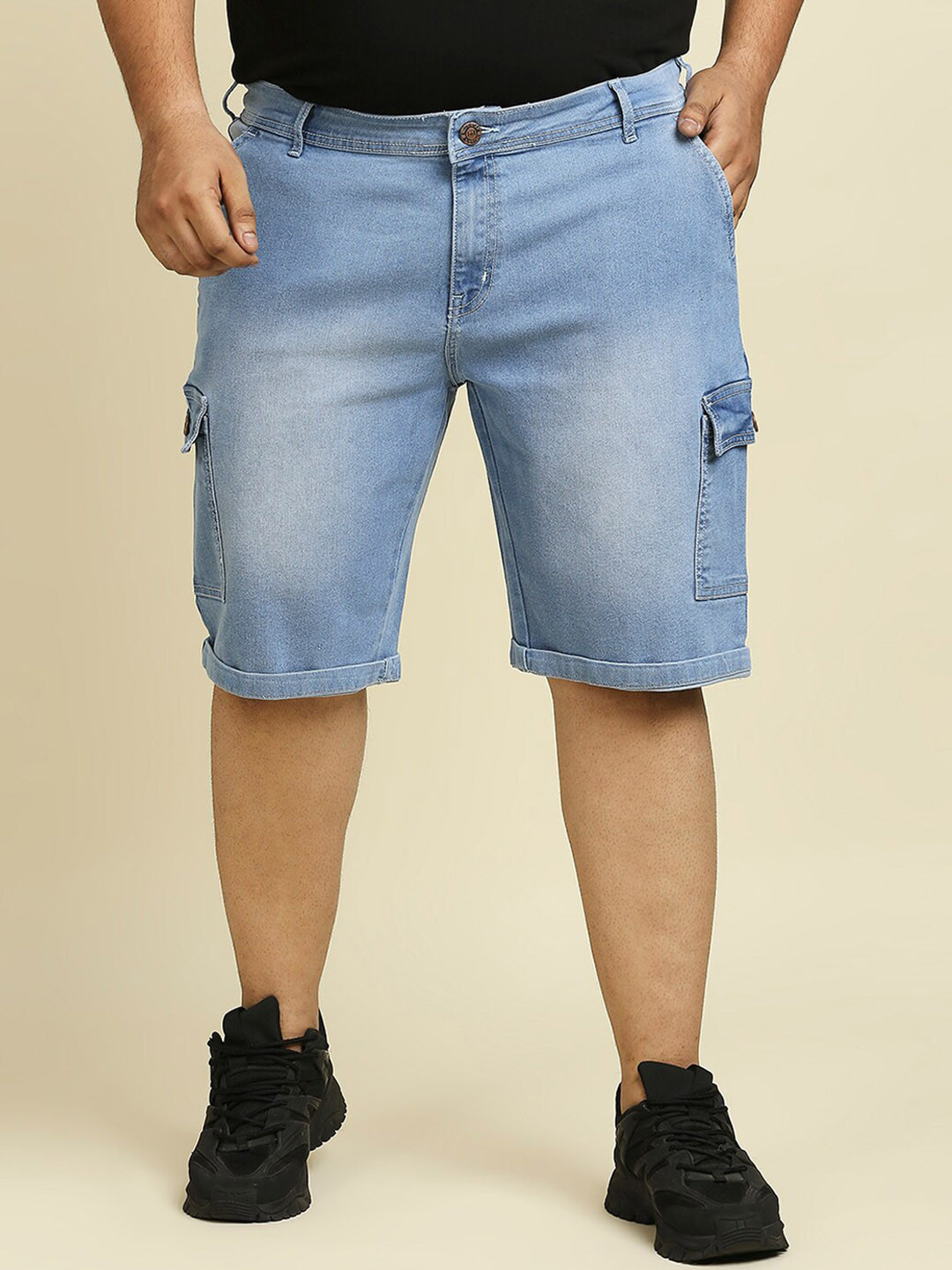 Freeform by High Star Men Plus Size Blue Washed Slim Fit Denim Shorts