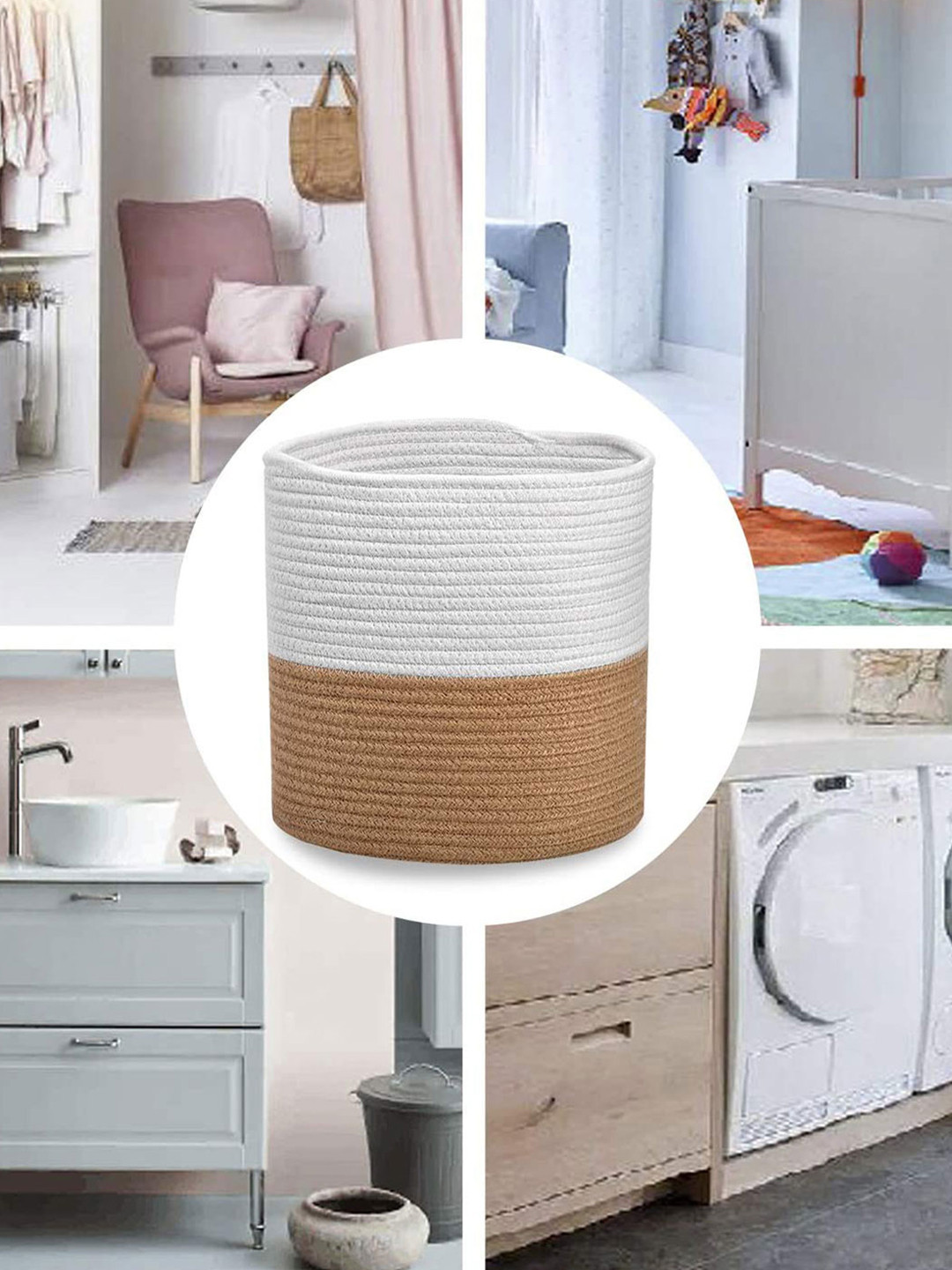 LUXEHOME INTERNATIONAL Set Of 2 White & Brown Textured Round Organisers