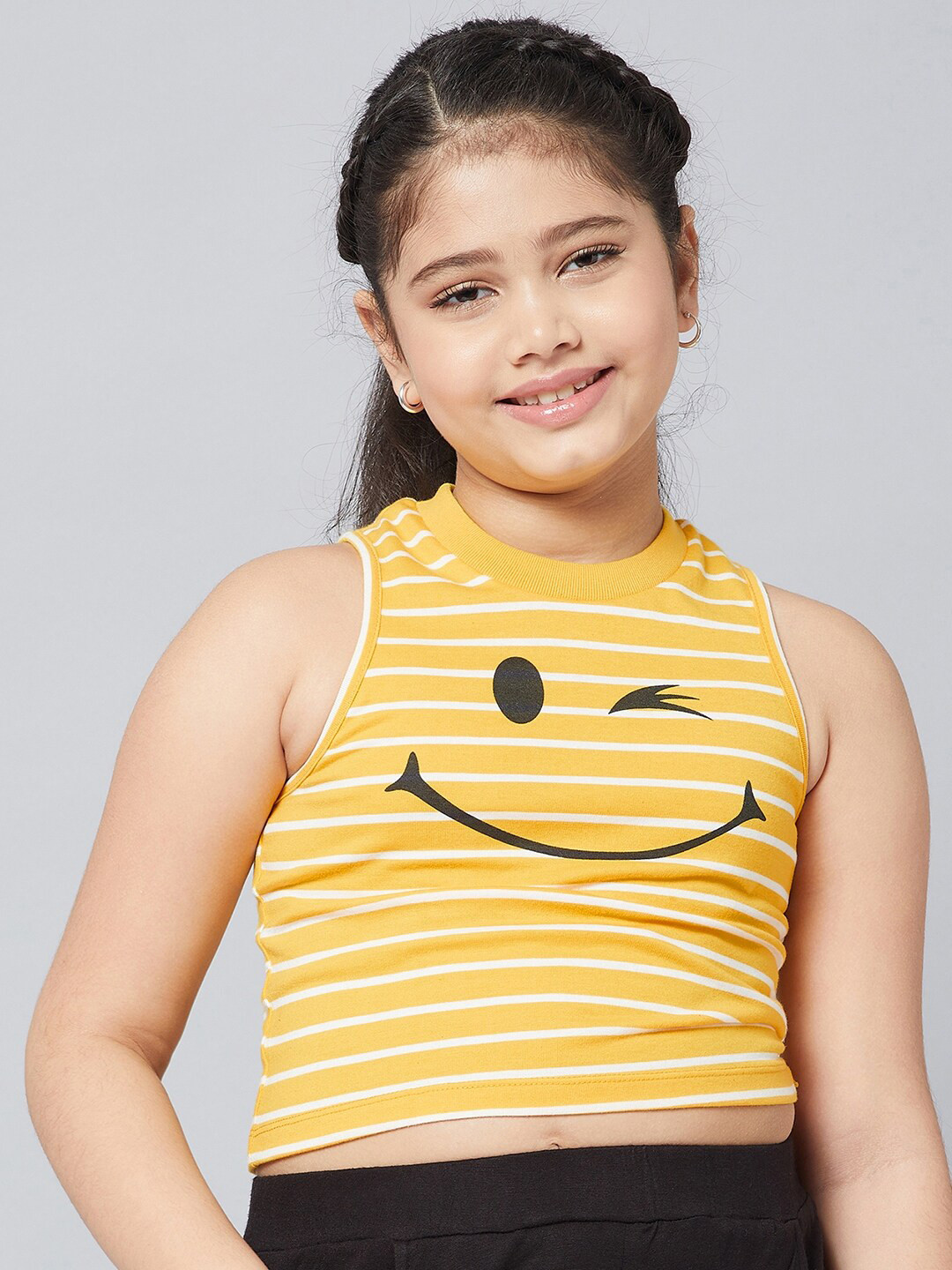 Stylo Bug Girls Yellow Striped Printed Pure Cotton Crop Top