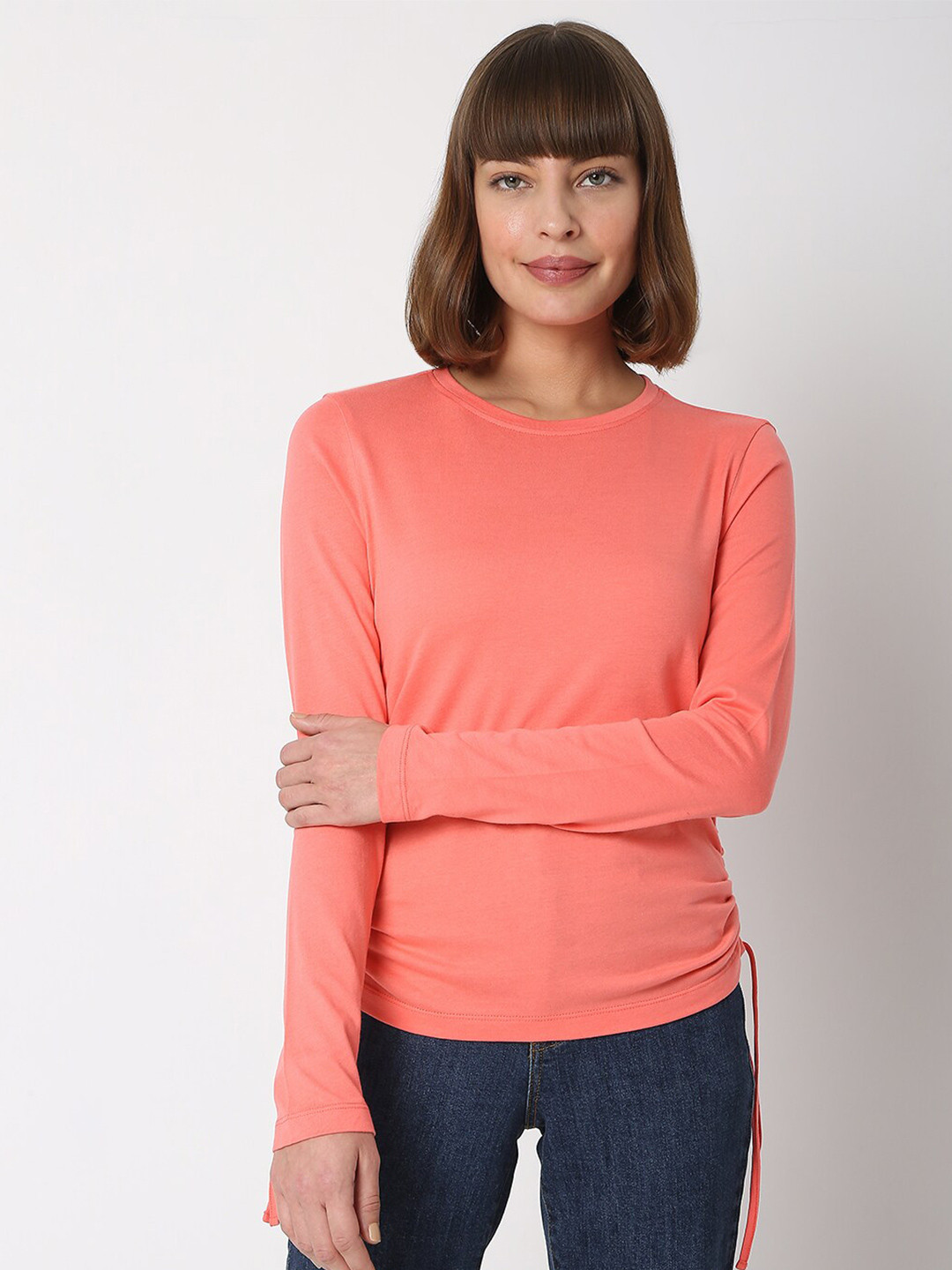 Vero Moda Women Coral Full Sleeves Cotton T shirt With Side String