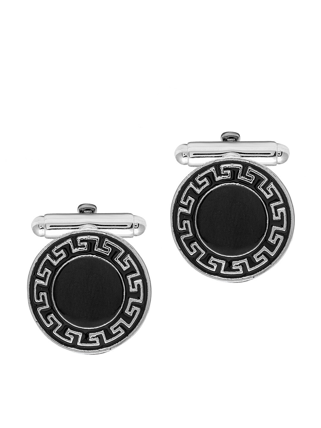 bodha Silver-Plated & Black Round Cufflink