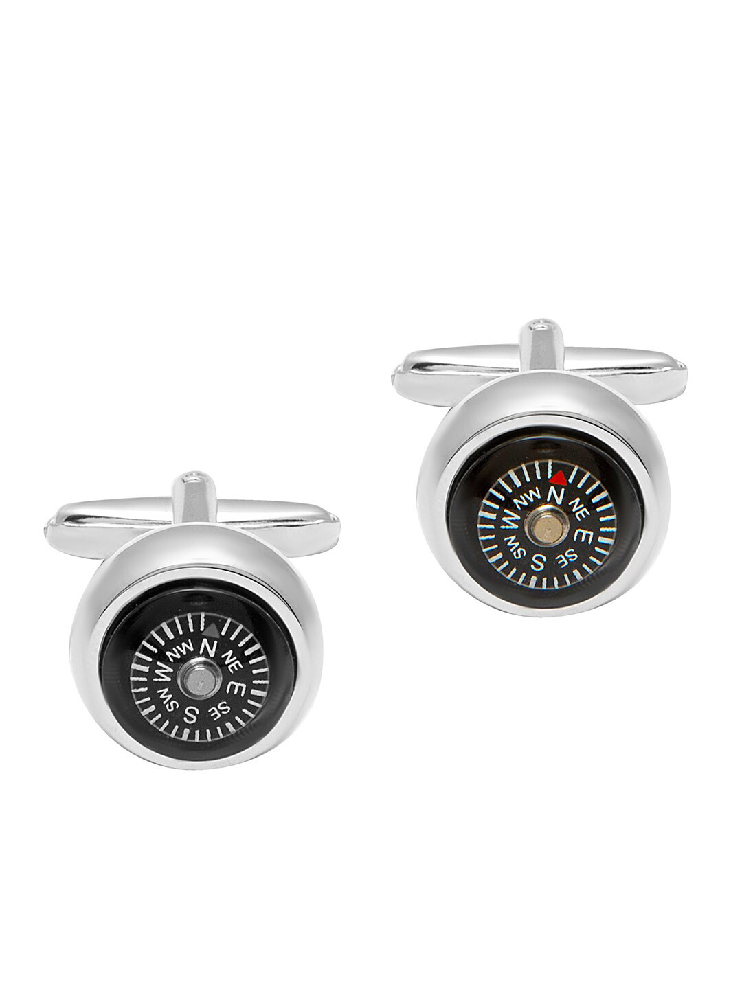 bodha Men Black Silver-Plated Compass Design Cufflink