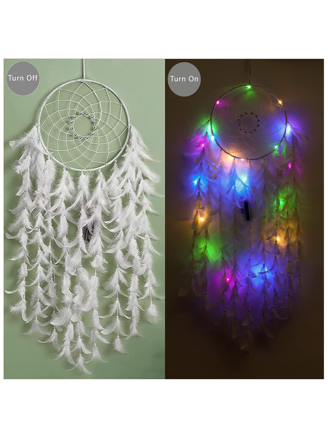 DULI White Handmade Feathers Dreamcatcher Hanging With Lights