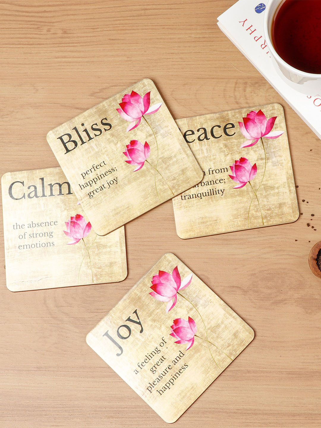 DULI Set Of 4 Beige & Pink Printed Coaters for Home and Dining Table