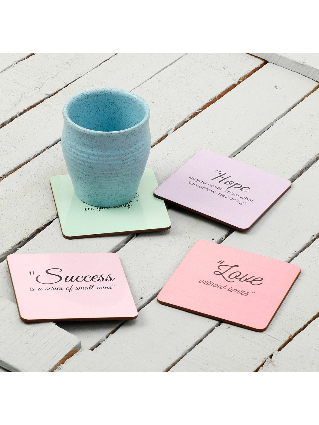 DULI Set Of 4 Purple Pink & Green Typography Printed Coasters