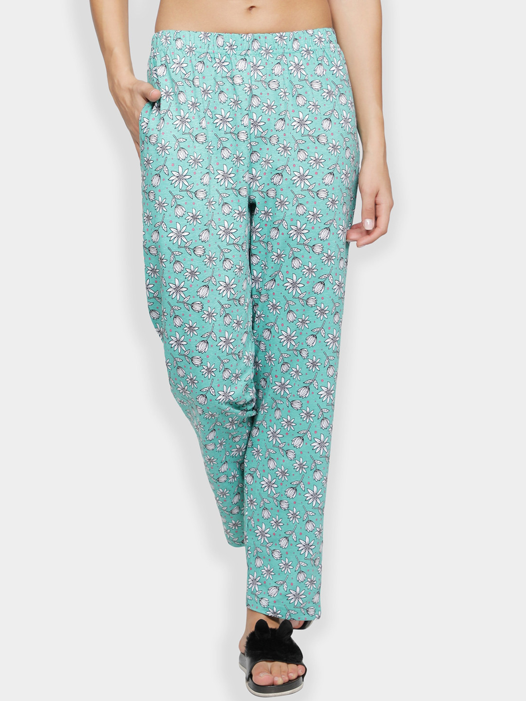 BStories Women Green Floral Print Pure Cotton Lounge Pants