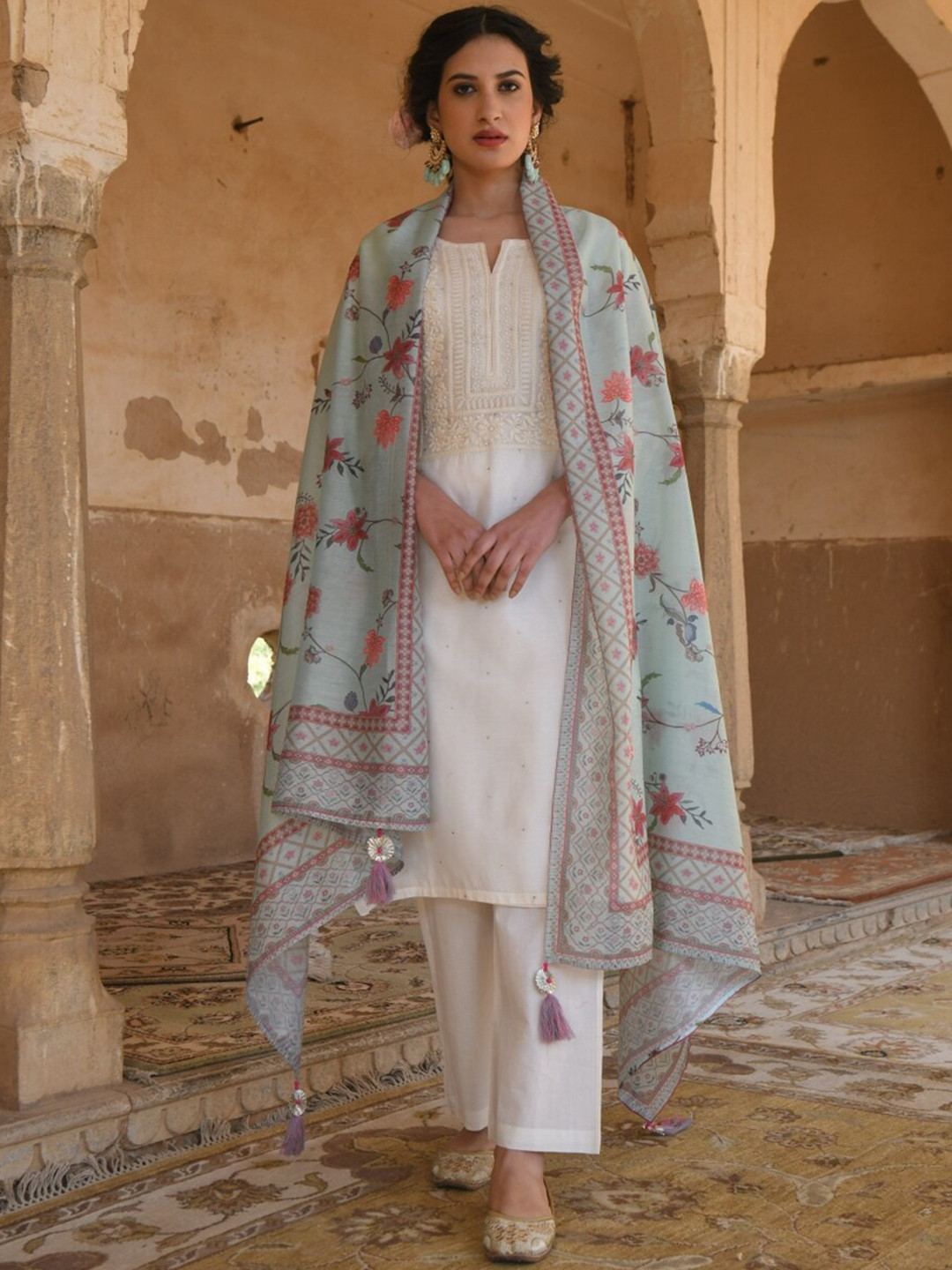 KARAJ JAIPUR Women Off White Kurta with Palazzos & With Dupatta