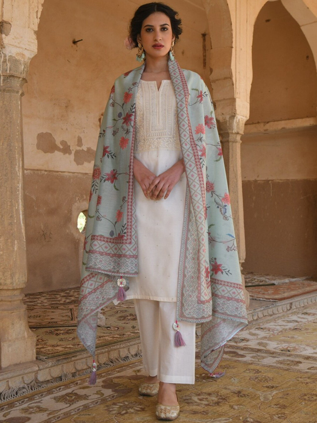 KARAJ JAIPUR Women White Floral Embroidered Kurta with Palazzos & With Dupatta