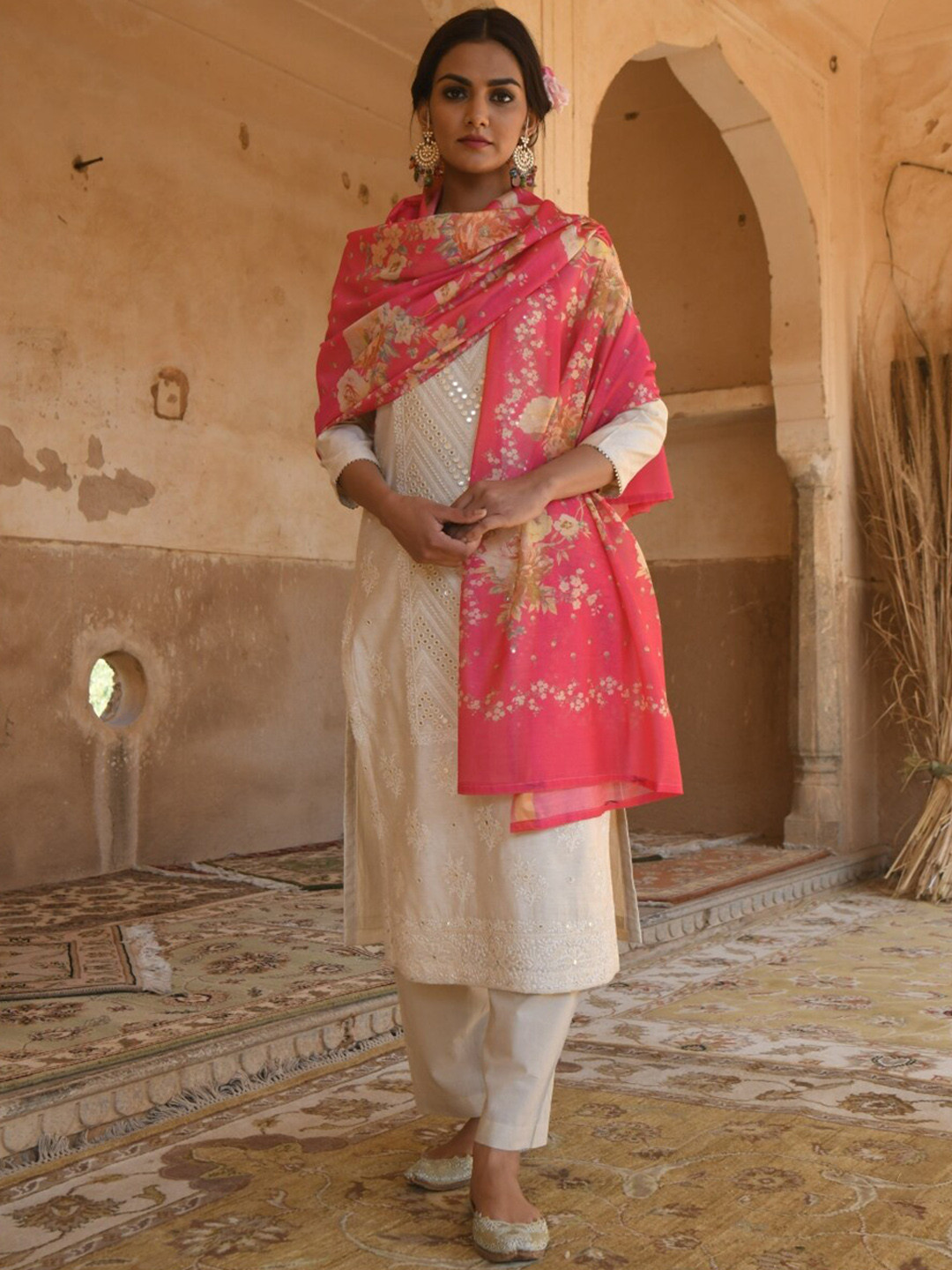 KARAJ JAIPUR Women Beige Embroidered Kurti with Trousers