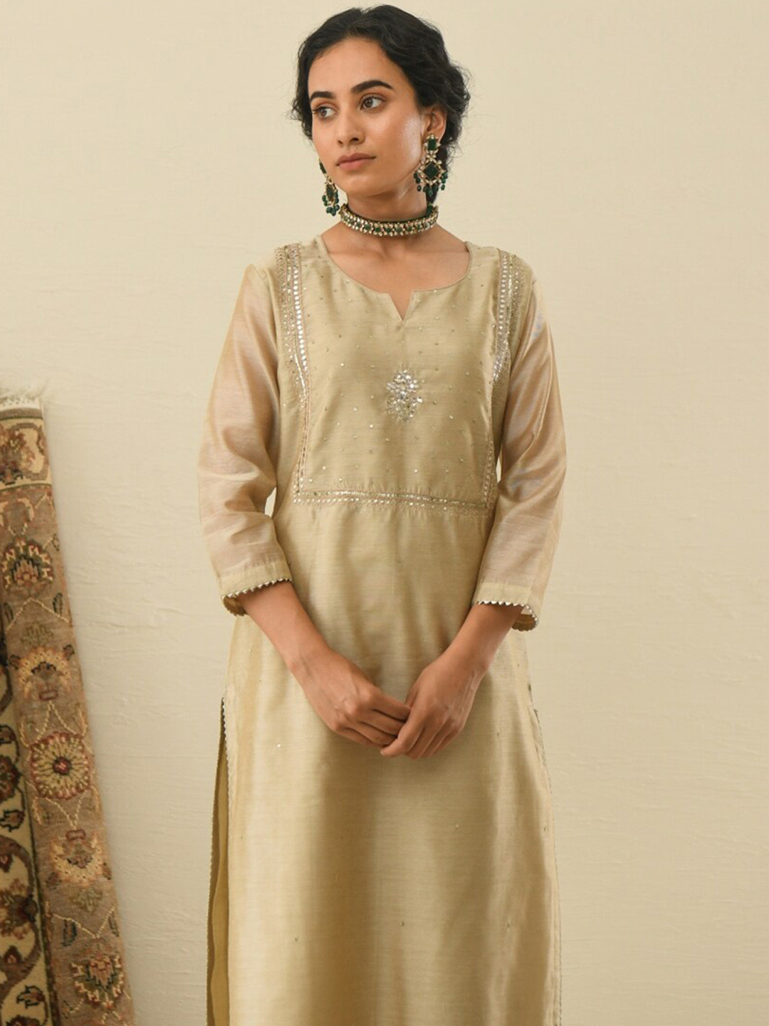 KARAJ JAIPUR Women Beige Panelled Chanderi Kurta with Palazzos & Dupatta
