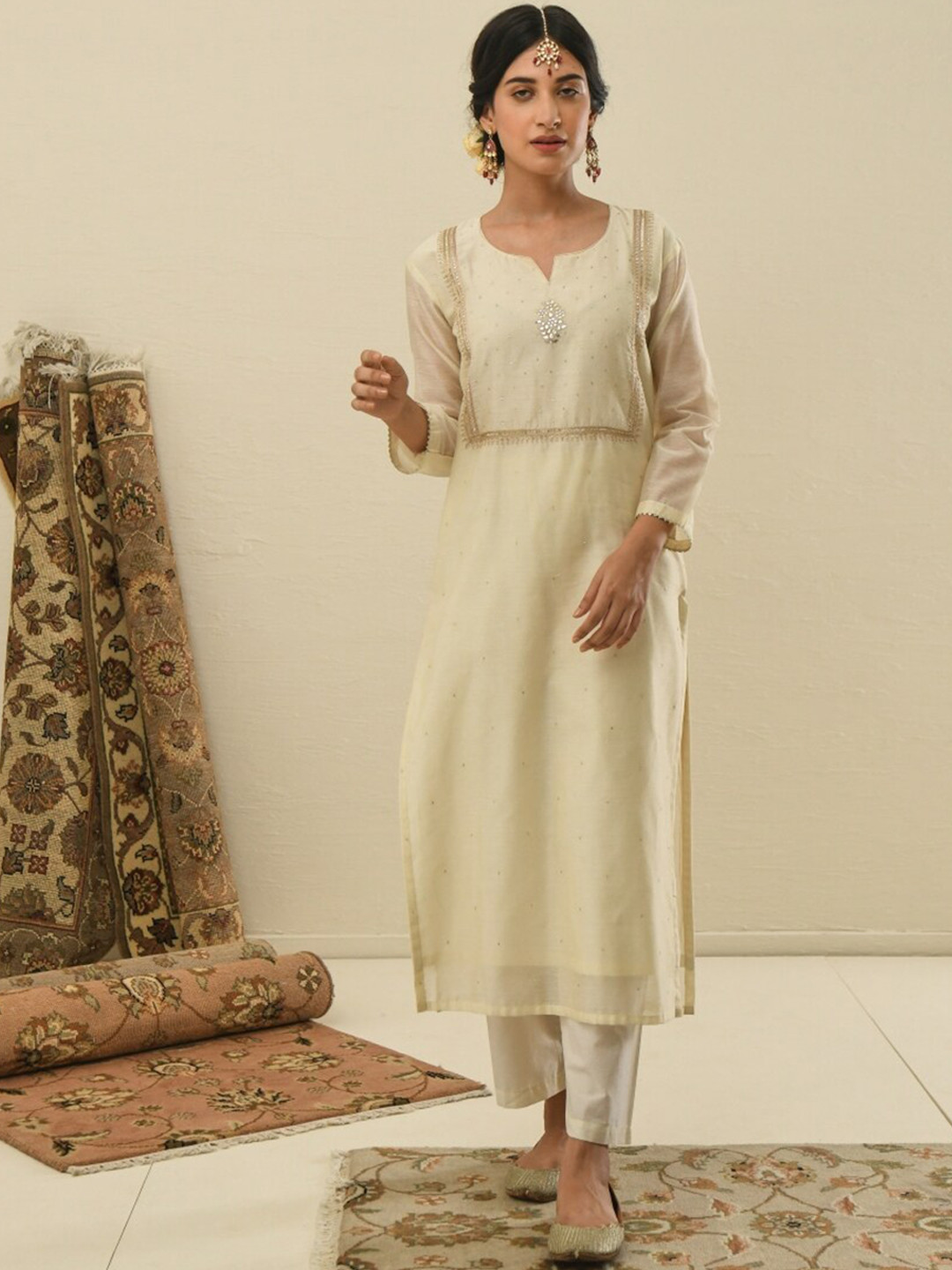 KARAJ JAIPUR Women Off White Ethnic Motifs Empire Kurta with Pant & Dupatta