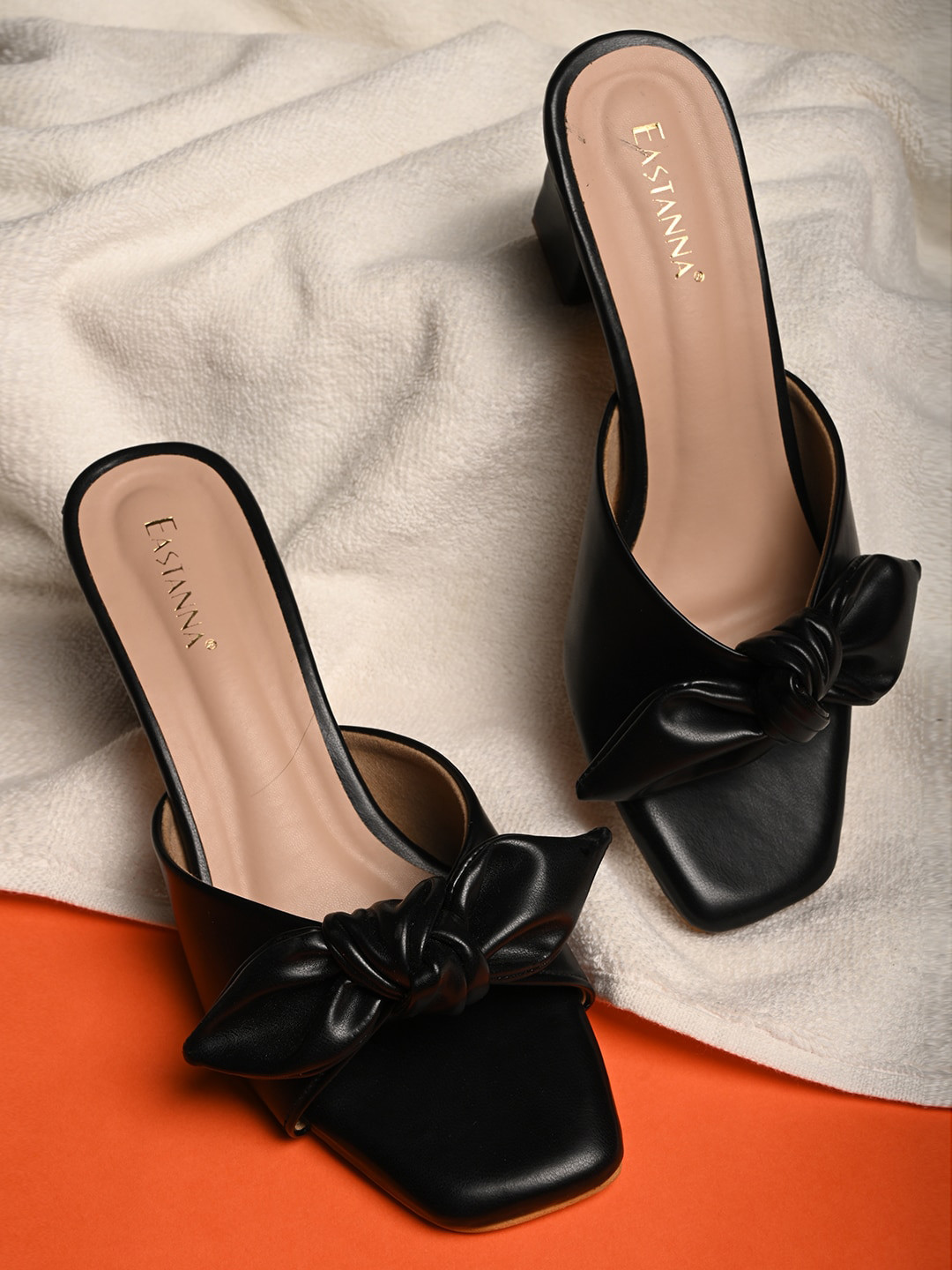 BuckleUp Black Textured Block Sandals with Bows 2 Inch Heels