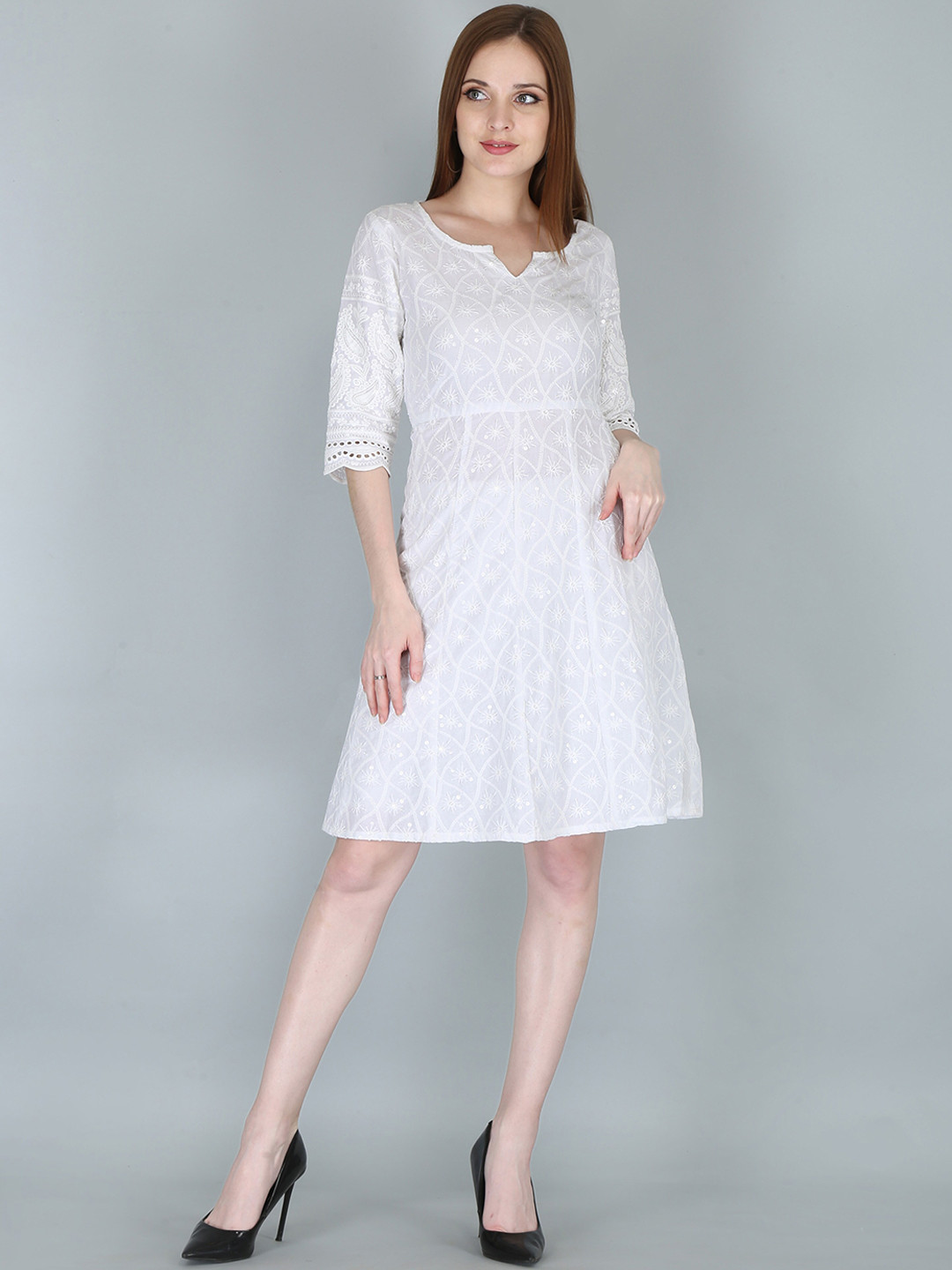 KALINI White Embroidered Chikankari Dress